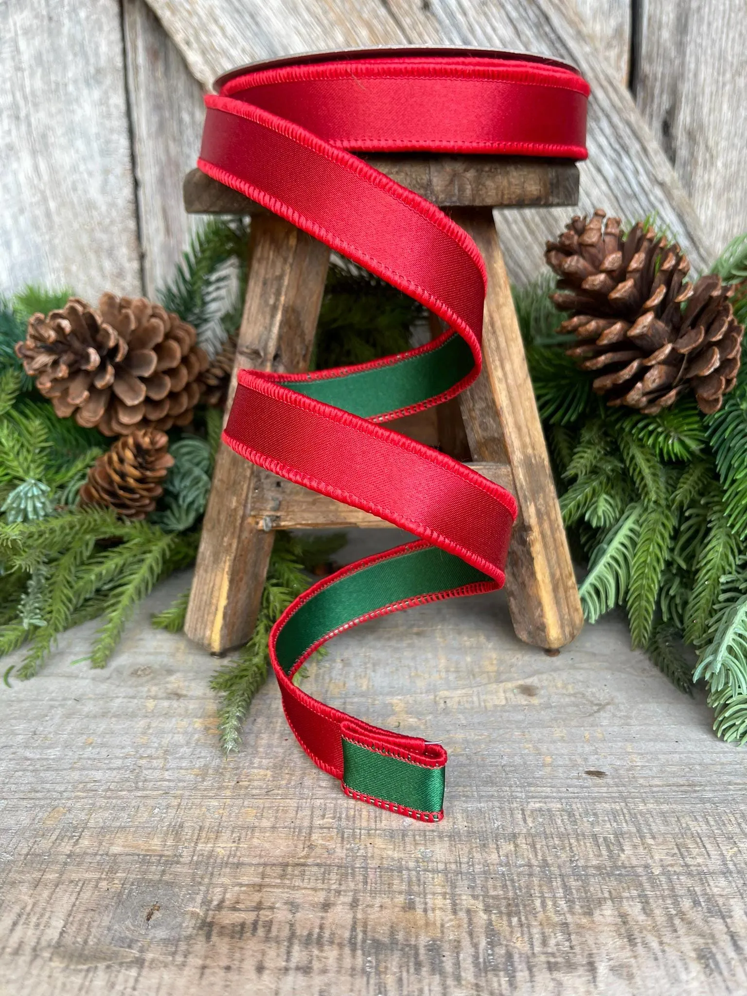 1" Red Green Satin Duo Ribbon, Farrisilk Ribbon