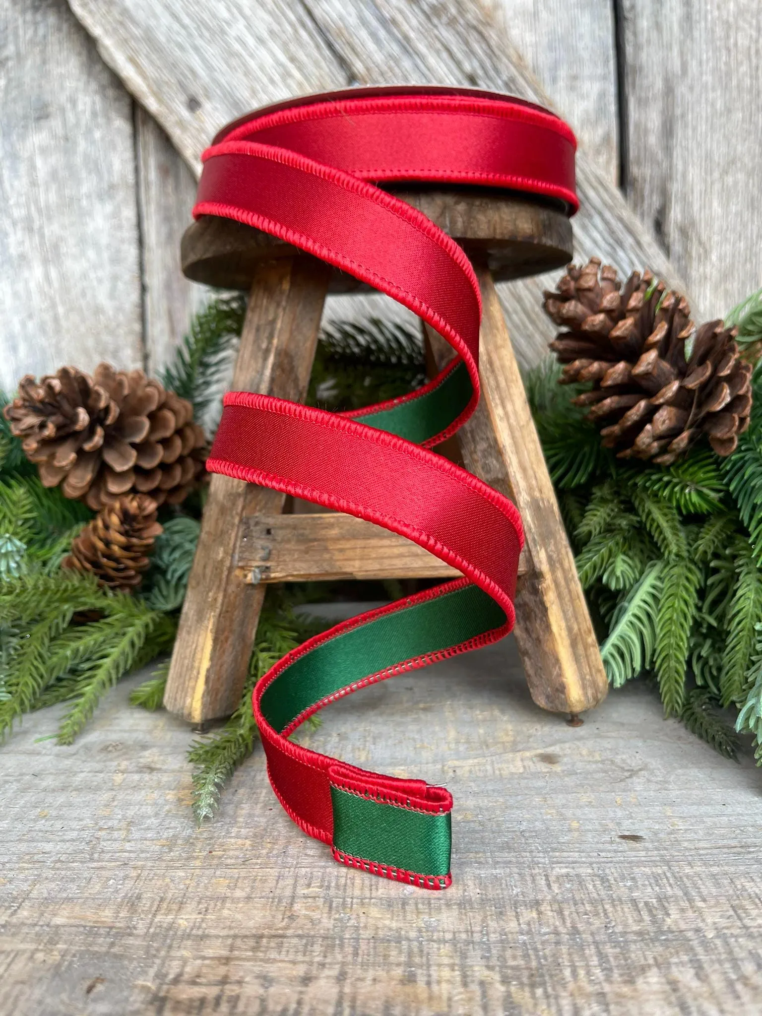 1" Red Green Satin Duo Ribbon, Farrisilk Ribbon