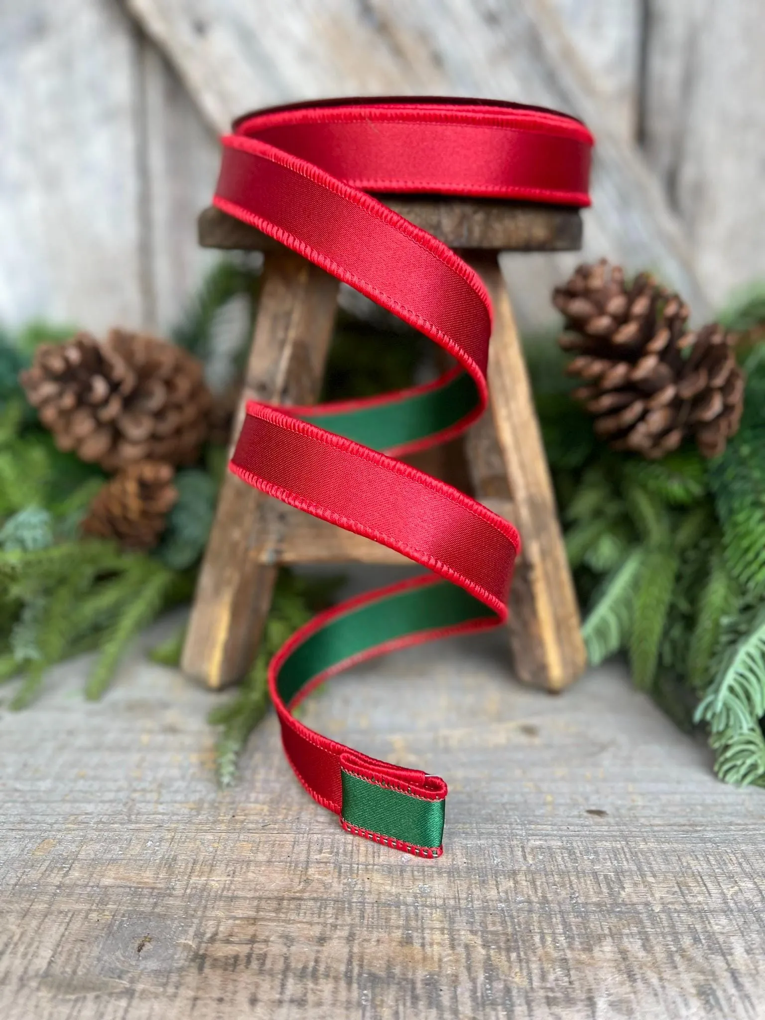 1" Red Green Satin Duo Ribbon, Farrisilk Ribbon