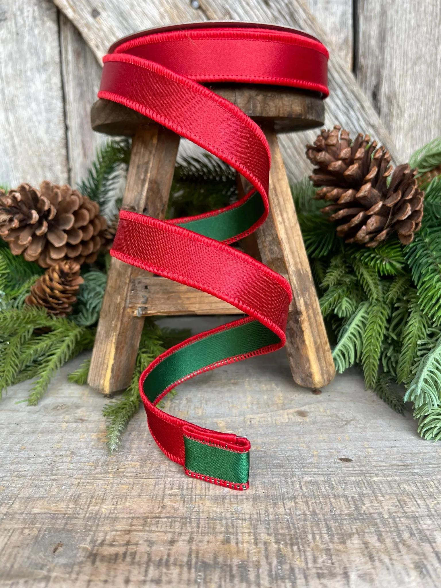 1" Red Green Satin Duo Ribbon, Farrisilk Ribbon