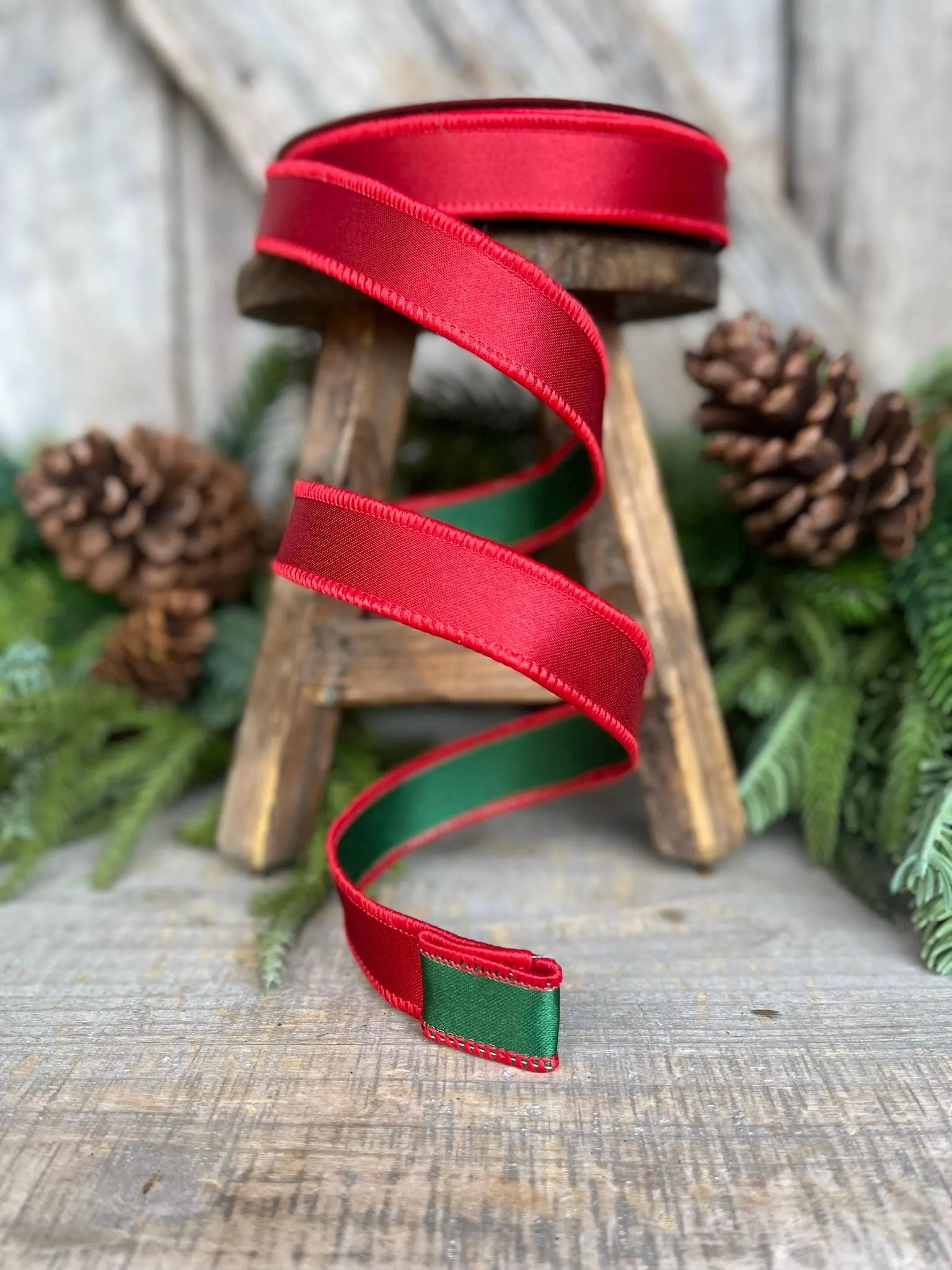 1" Red Green Satin Duo Ribbon, Farrisilk Ribbon