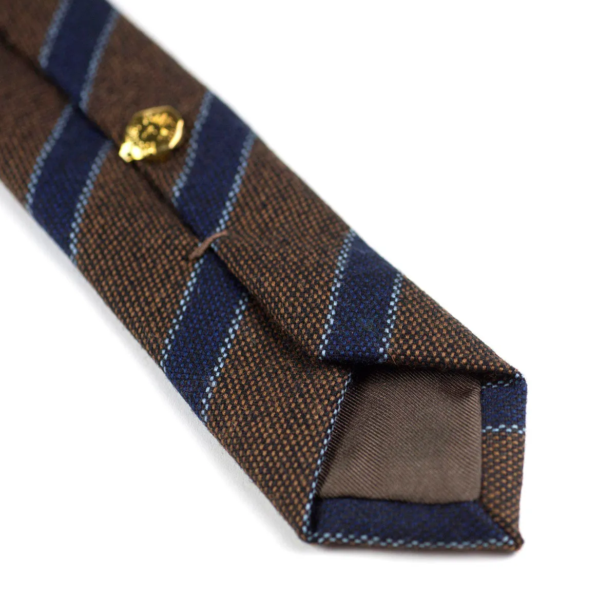 Brown wool tie, navy & light blue stripes