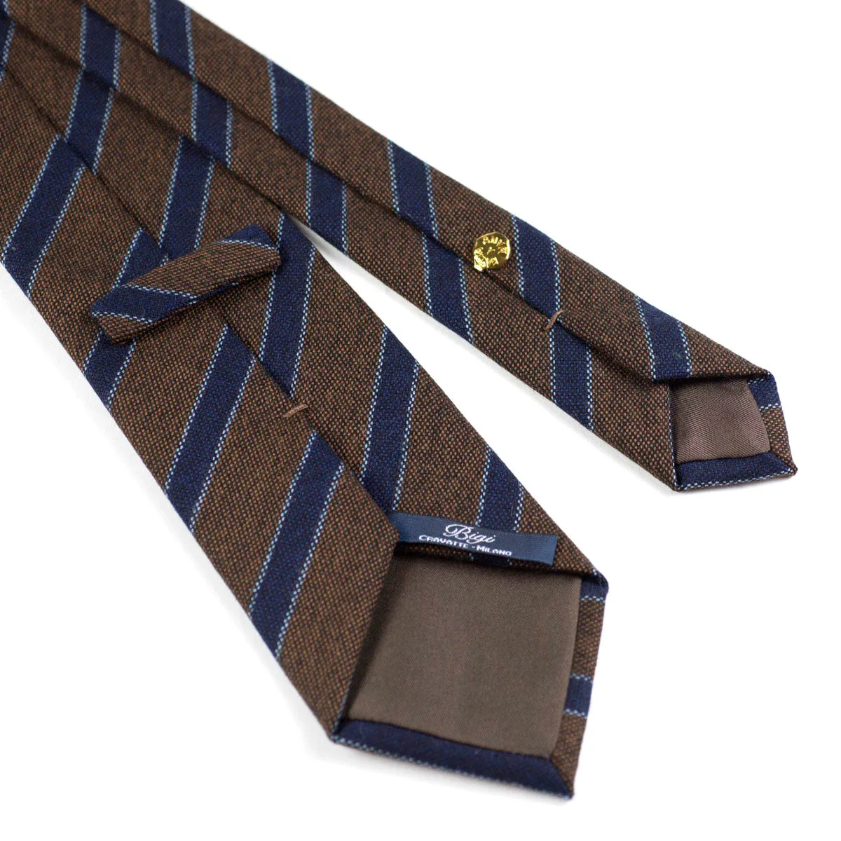 Brown wool tie, navy & light blue stripes