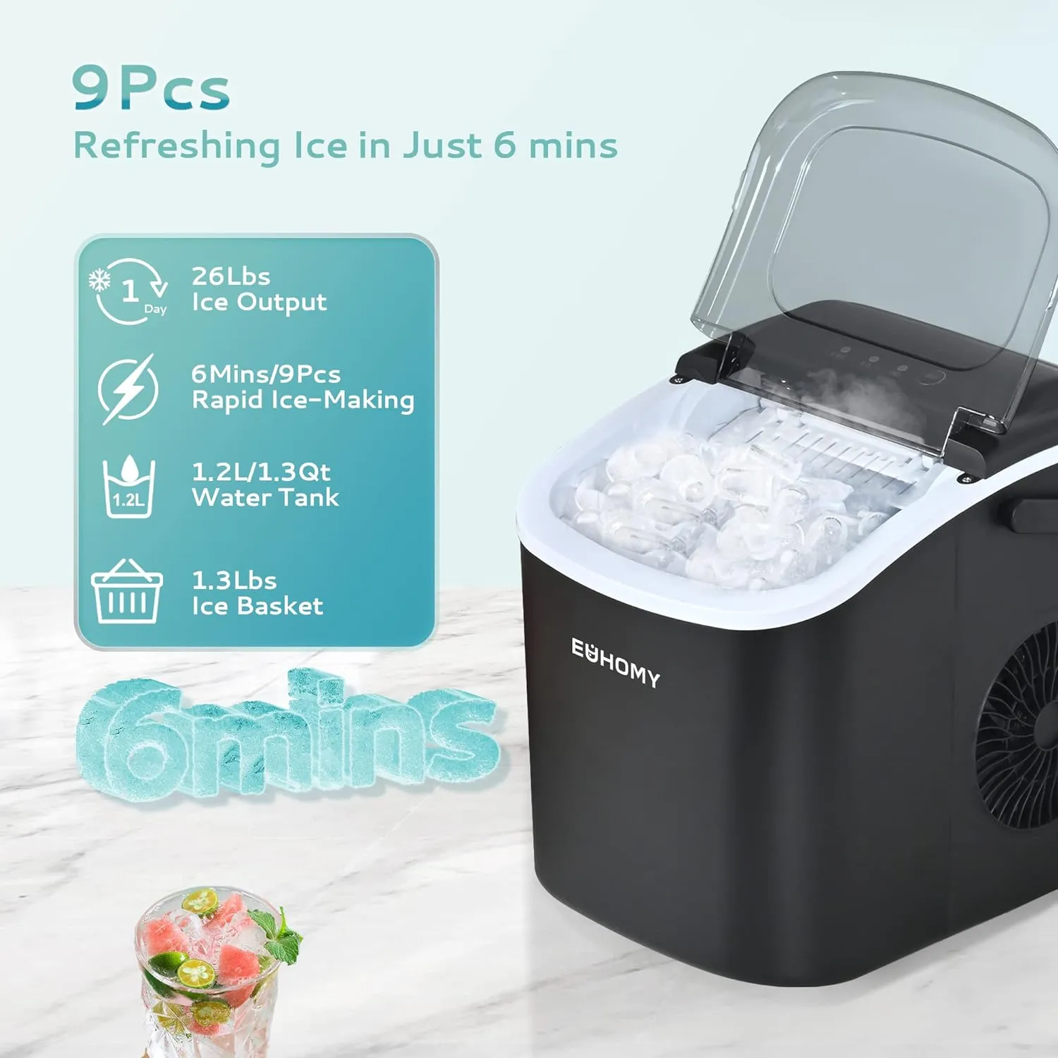 Countertop Ice Maker – 26 lbs/24hrs, 9 Cubes in 6 Mins, Auto-Cleaning, Portable with Basket & Scoop