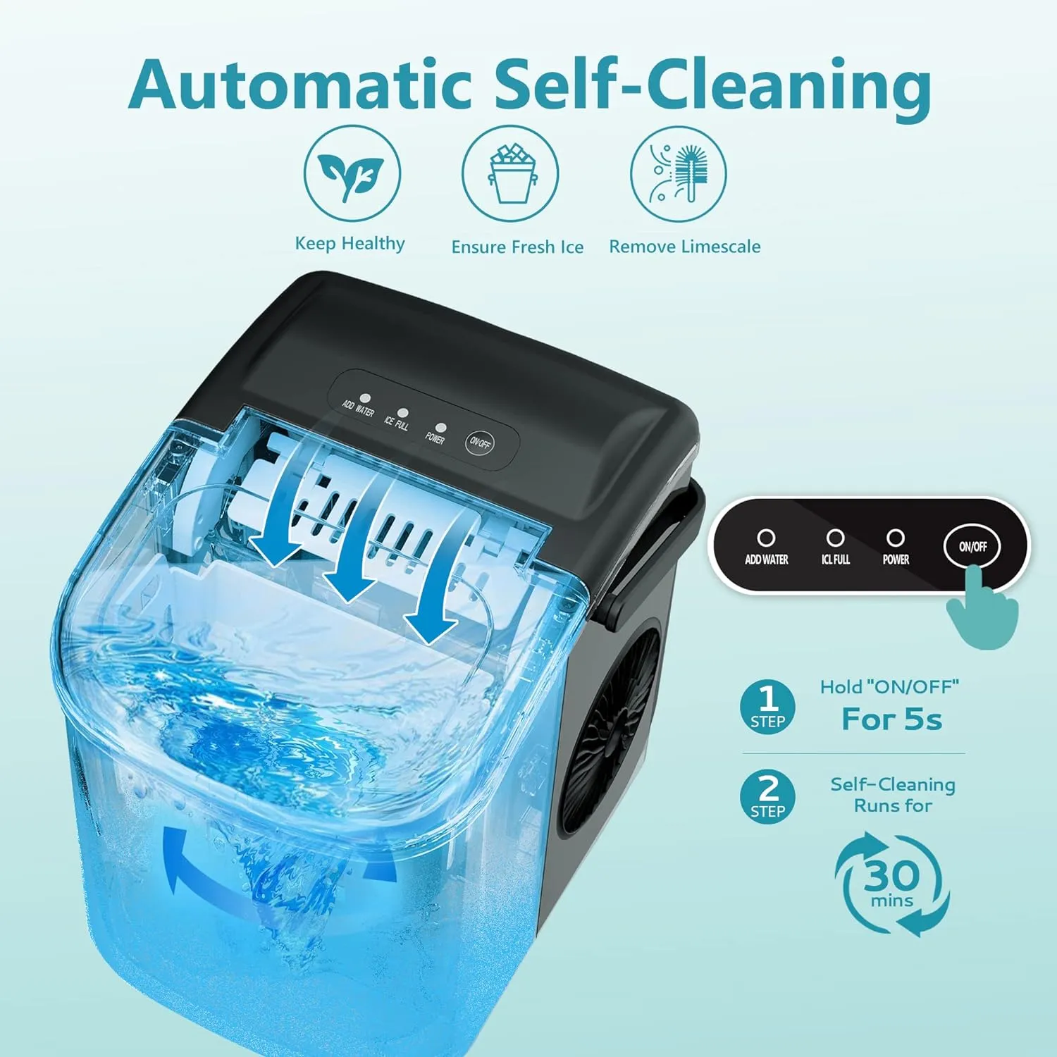 Countertop Ice Maker – 26 lbs/24hrs, 9 Cubes in 6 Mins, Auto-Cleaning, Portable with Basket & Scoop