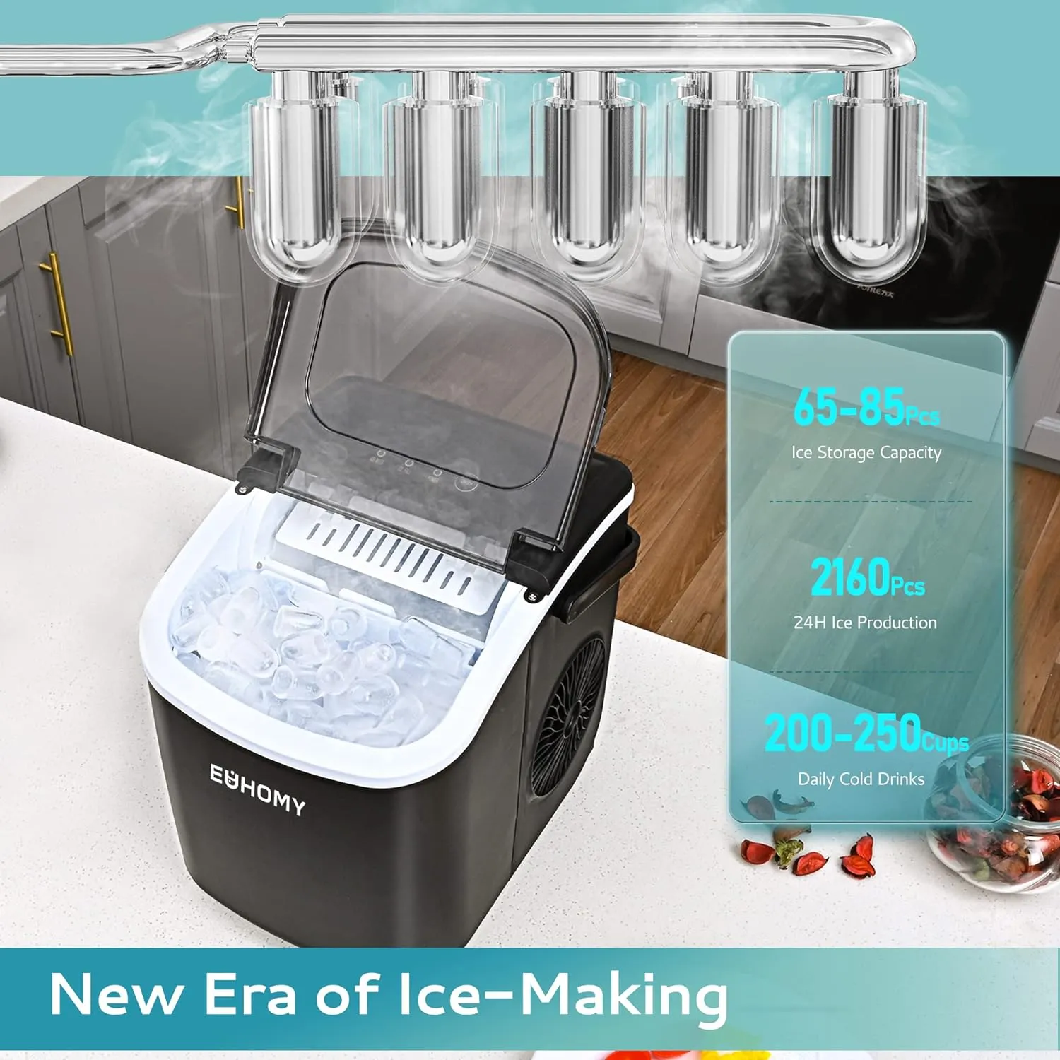 Countertop Ice Maker – 26 lbs/24hrs, 9 Cubes in 6 Mins, Auto-Cleaning, Portable with Basket & Scoop