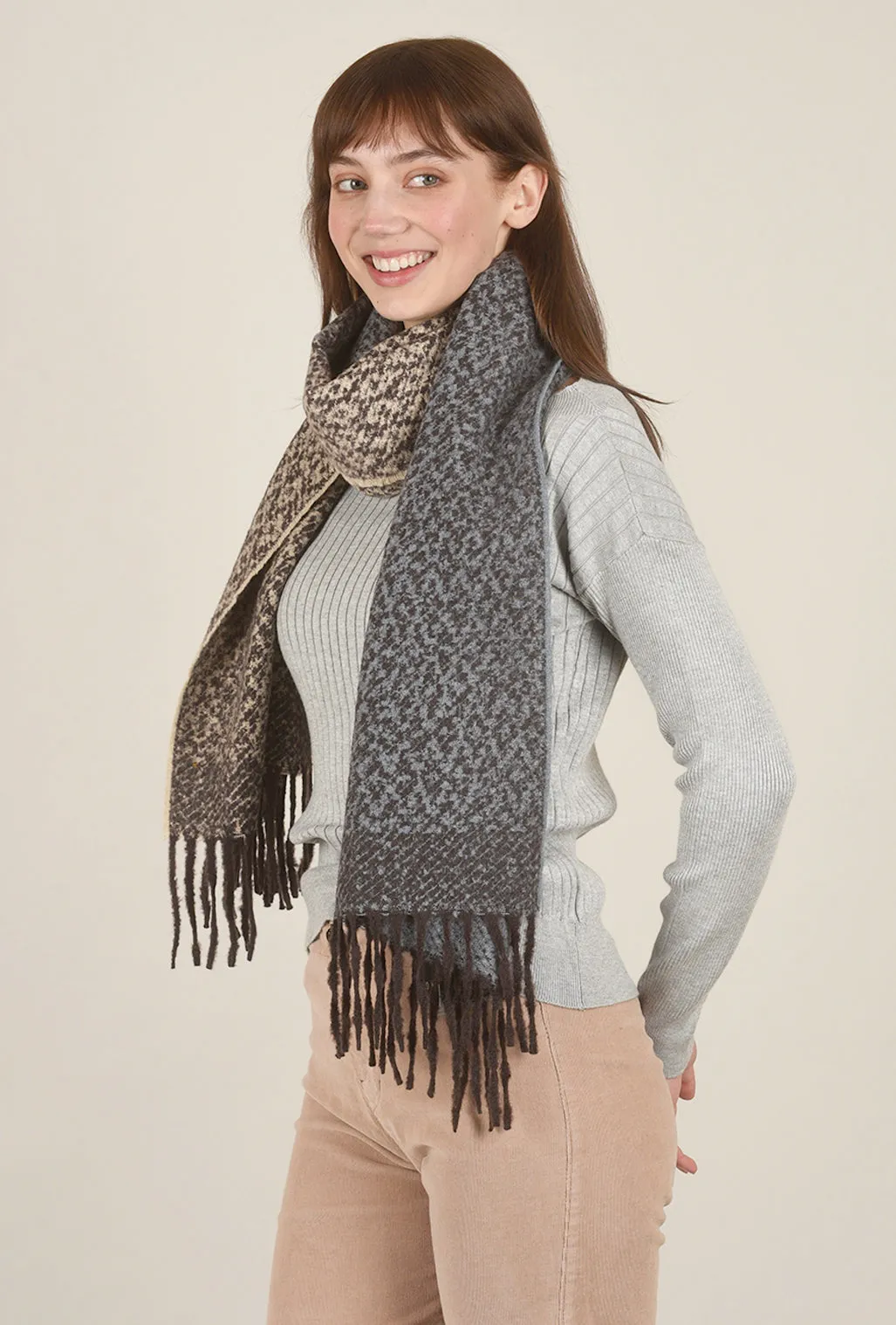 Cozy Fringe Scarf, Blue/Beige