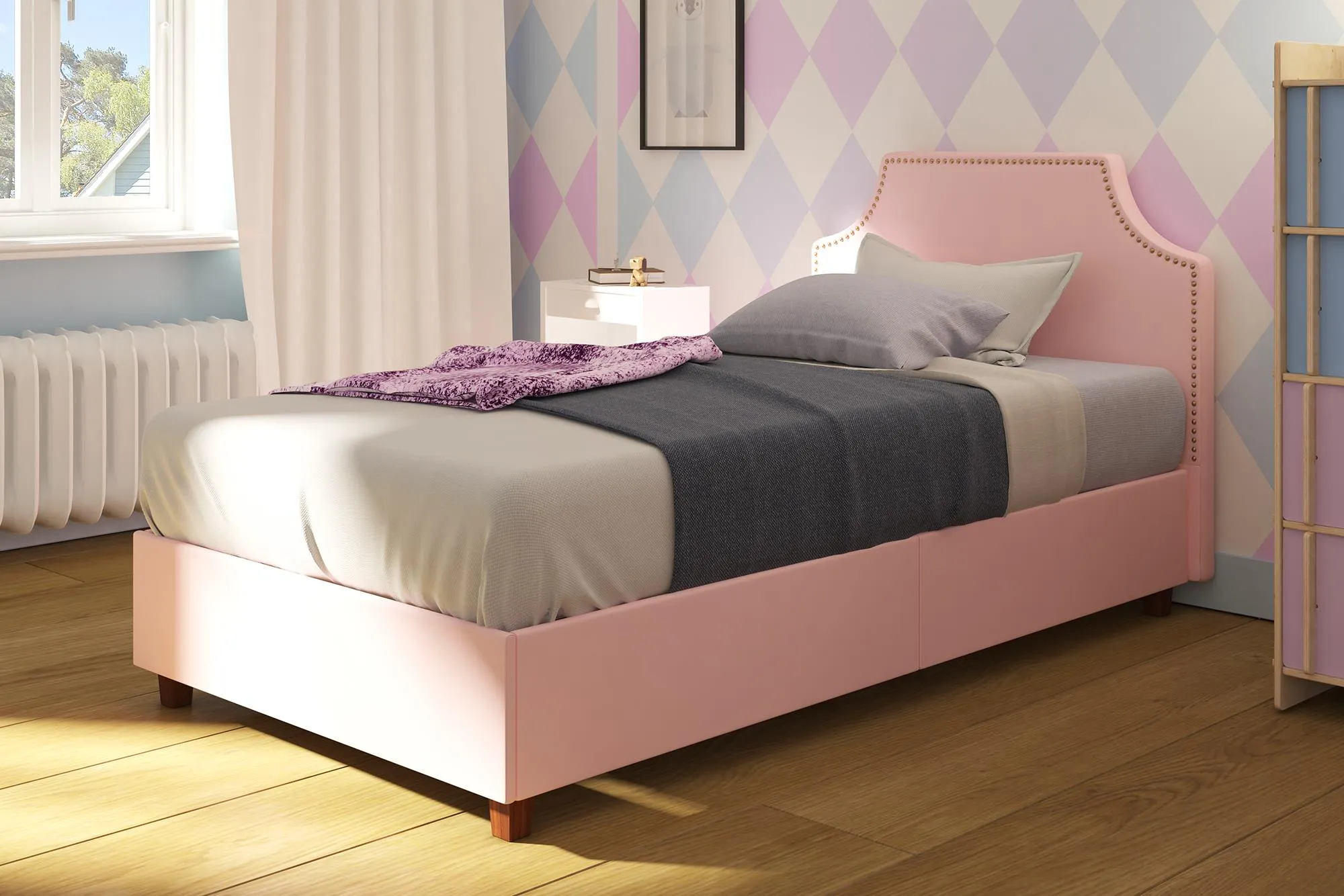 DHP Melita Upholstered Bed, Twin, Pink Linen