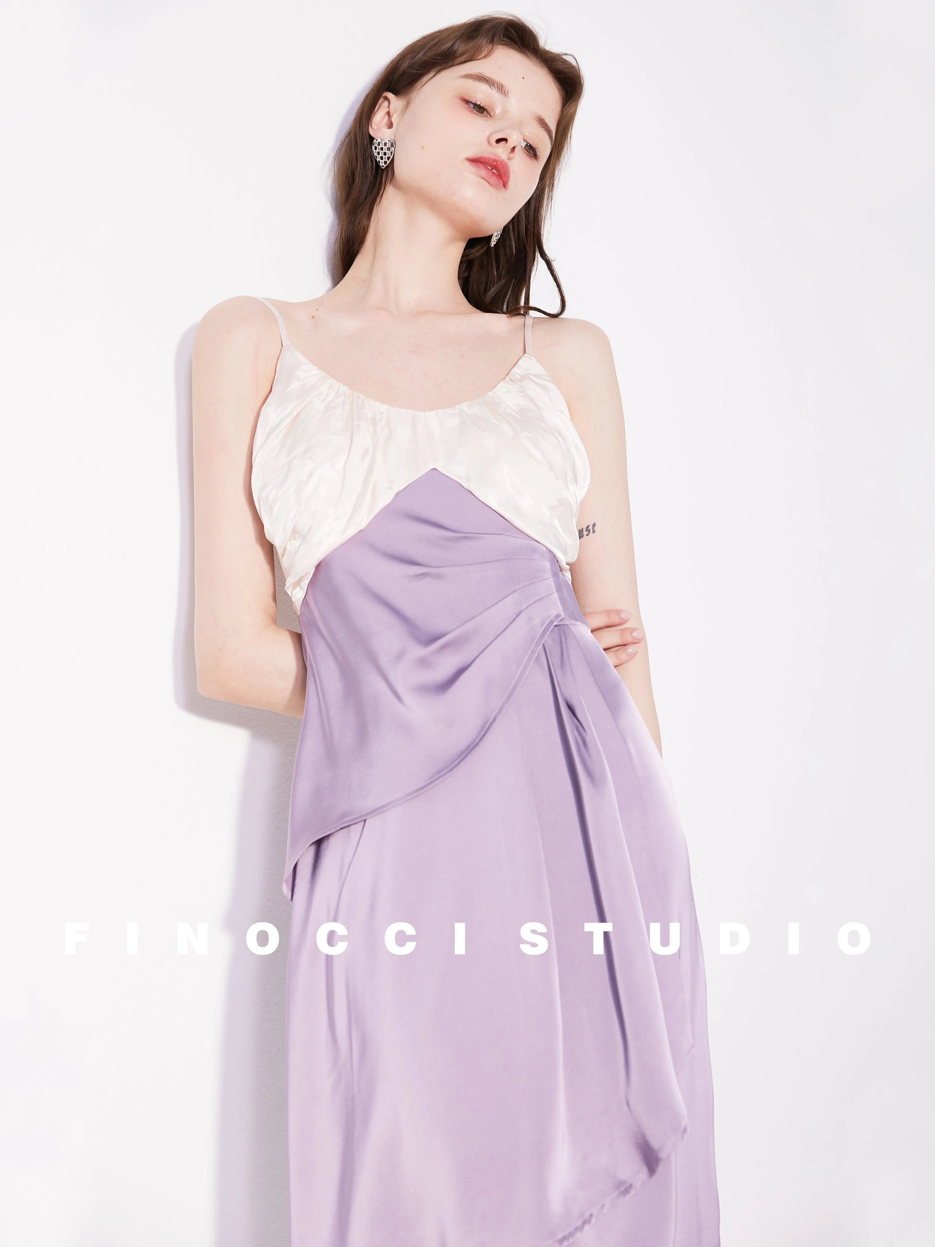 French Jacquard Contrast Satin Panel Slip Dress - Bella