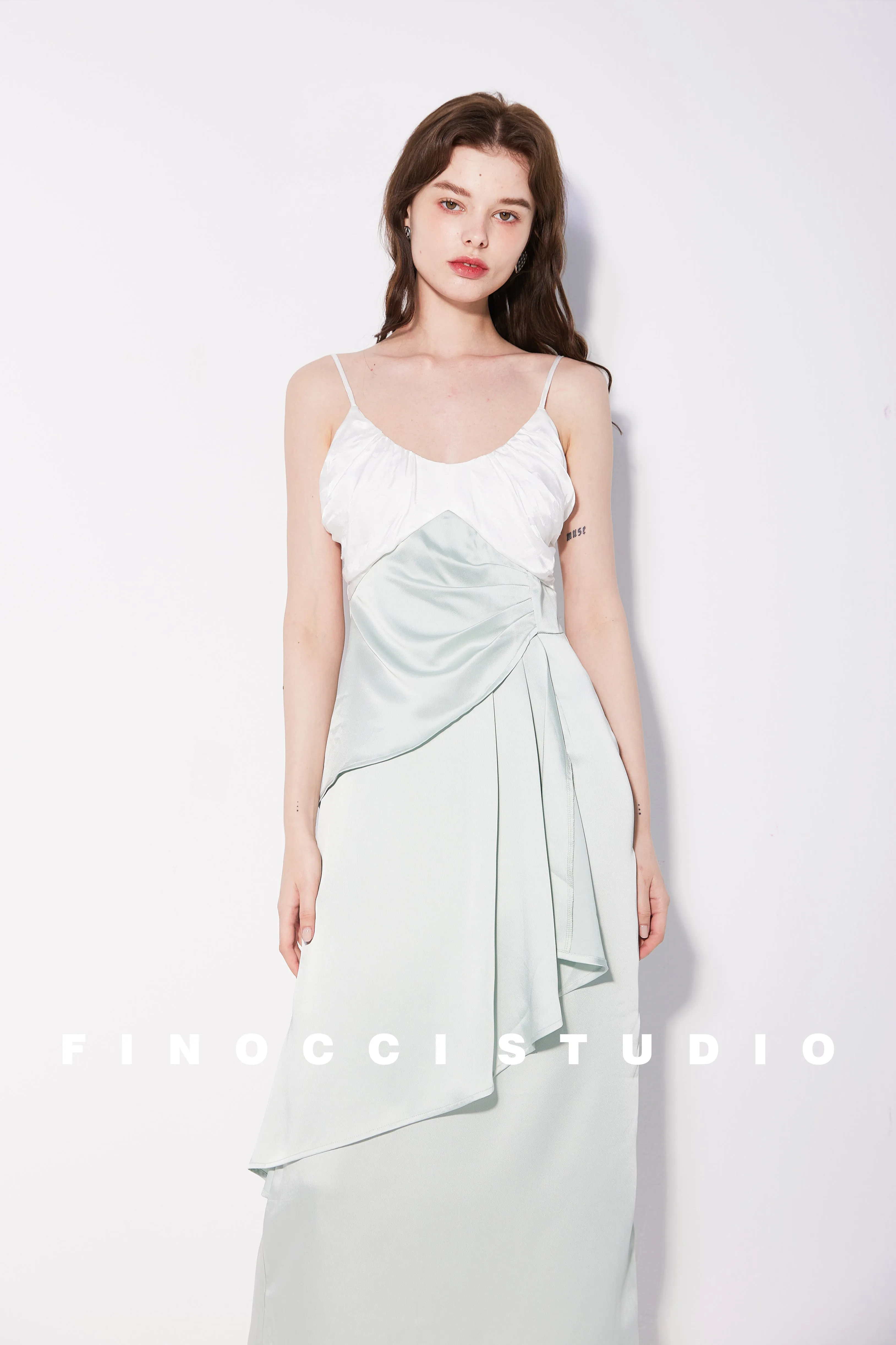 French Jacquard Contrast Satin Panel Slip Dress - Bella