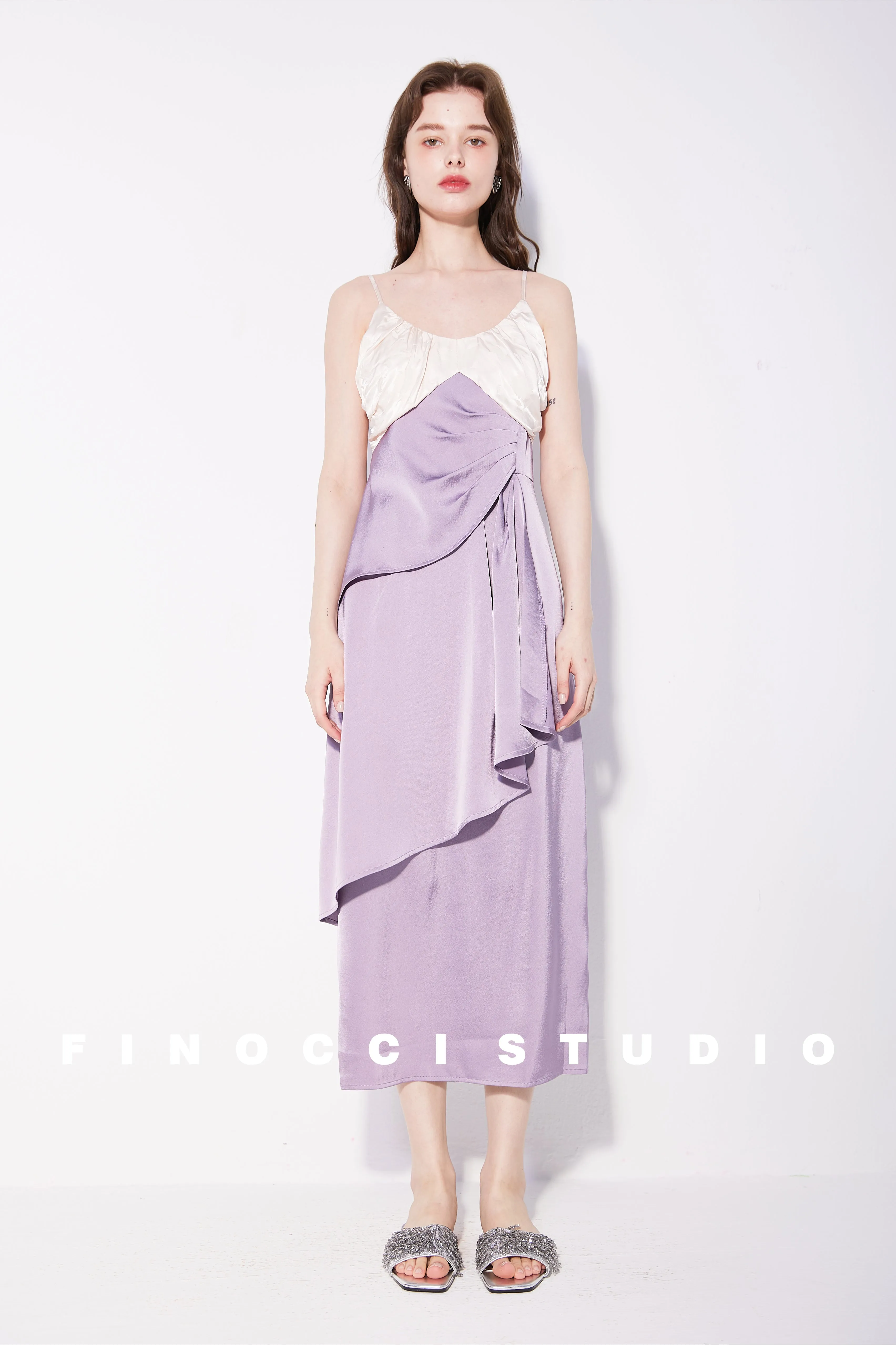 French Jacquard Contrast Satin Panel Slip Dress - Bella