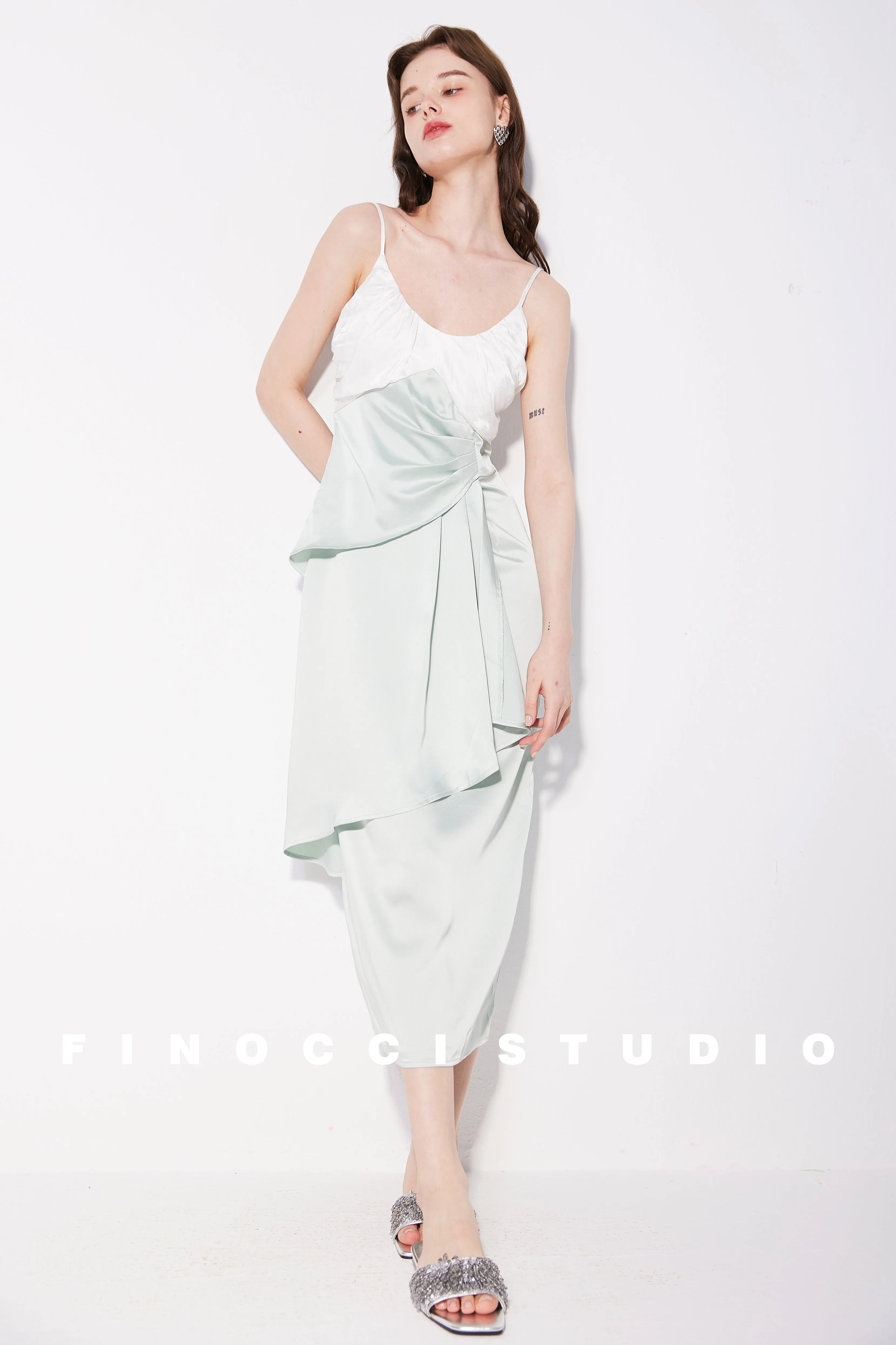 French Jacquard Contrast Satin Panel Slip Dress - Bella