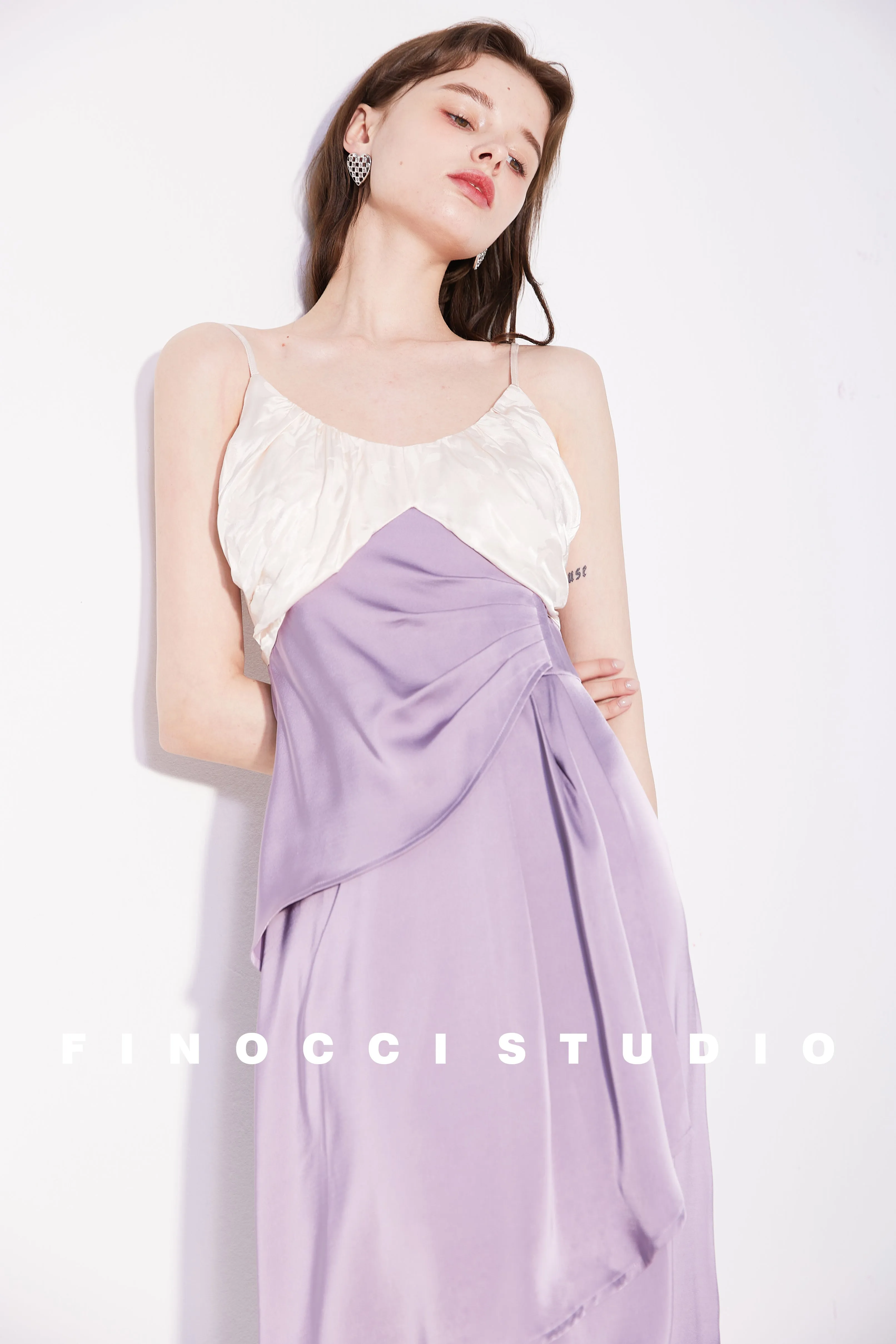 French Jacquard Contrast Satin Panel Slip Dress - Bella