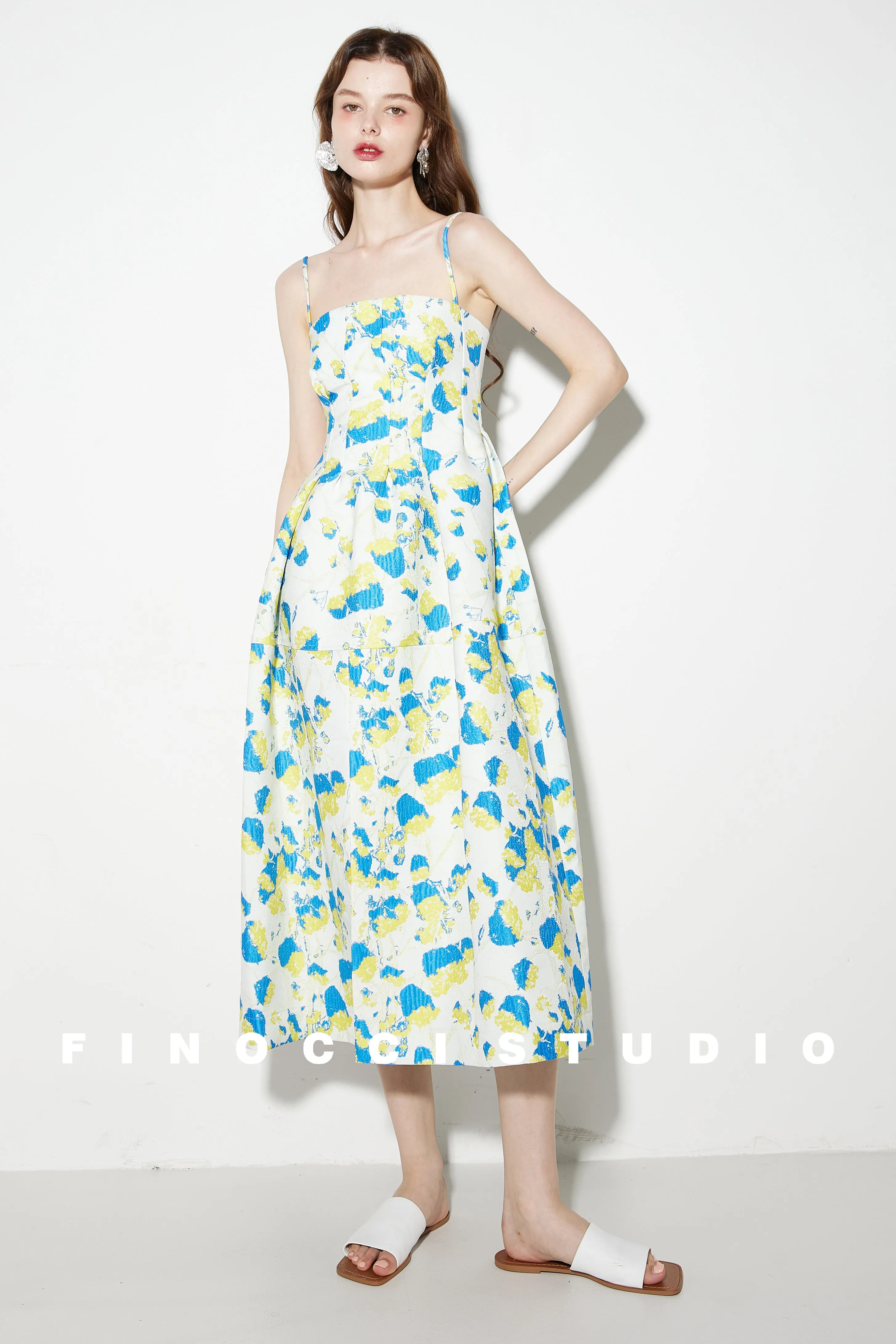 French yellow blue printed jacquard  puffy dress- Nicco