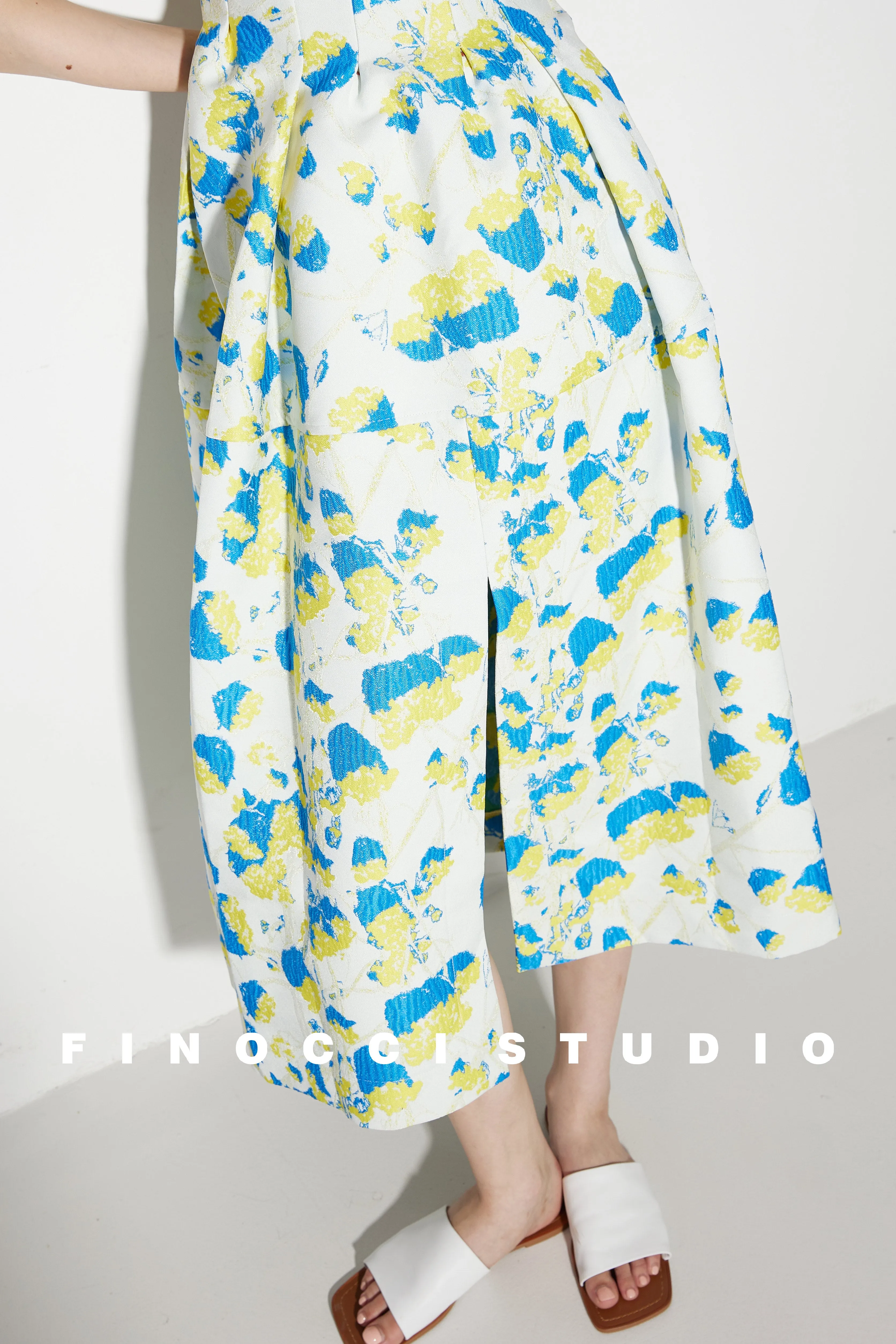 French yellow blue printed jacquard  puffy dress- Nicco