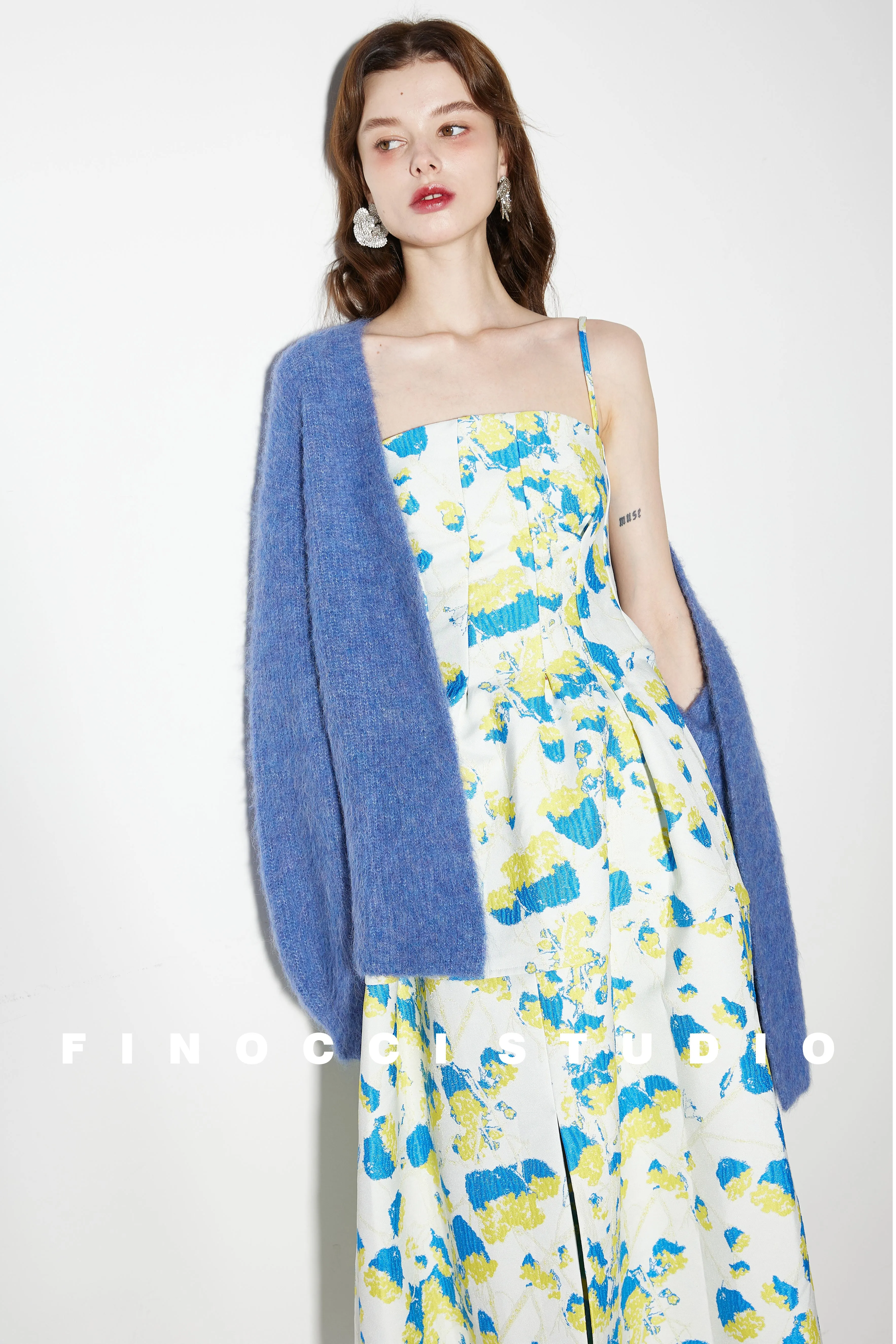 French yellow blue printed jacquard  puffy dress- Nicco