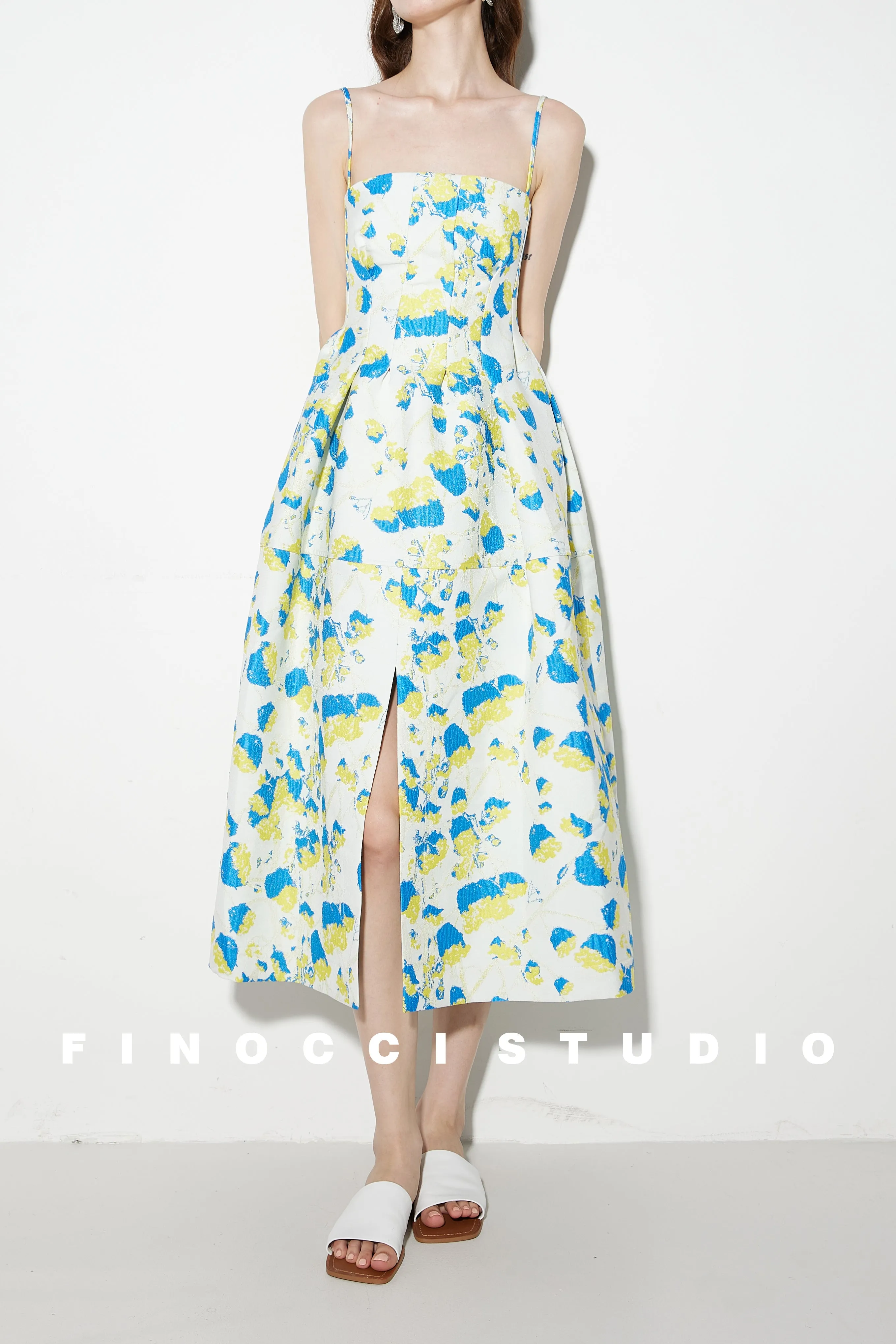 French yellow blue printed jacquard  puffy dress- Nicco