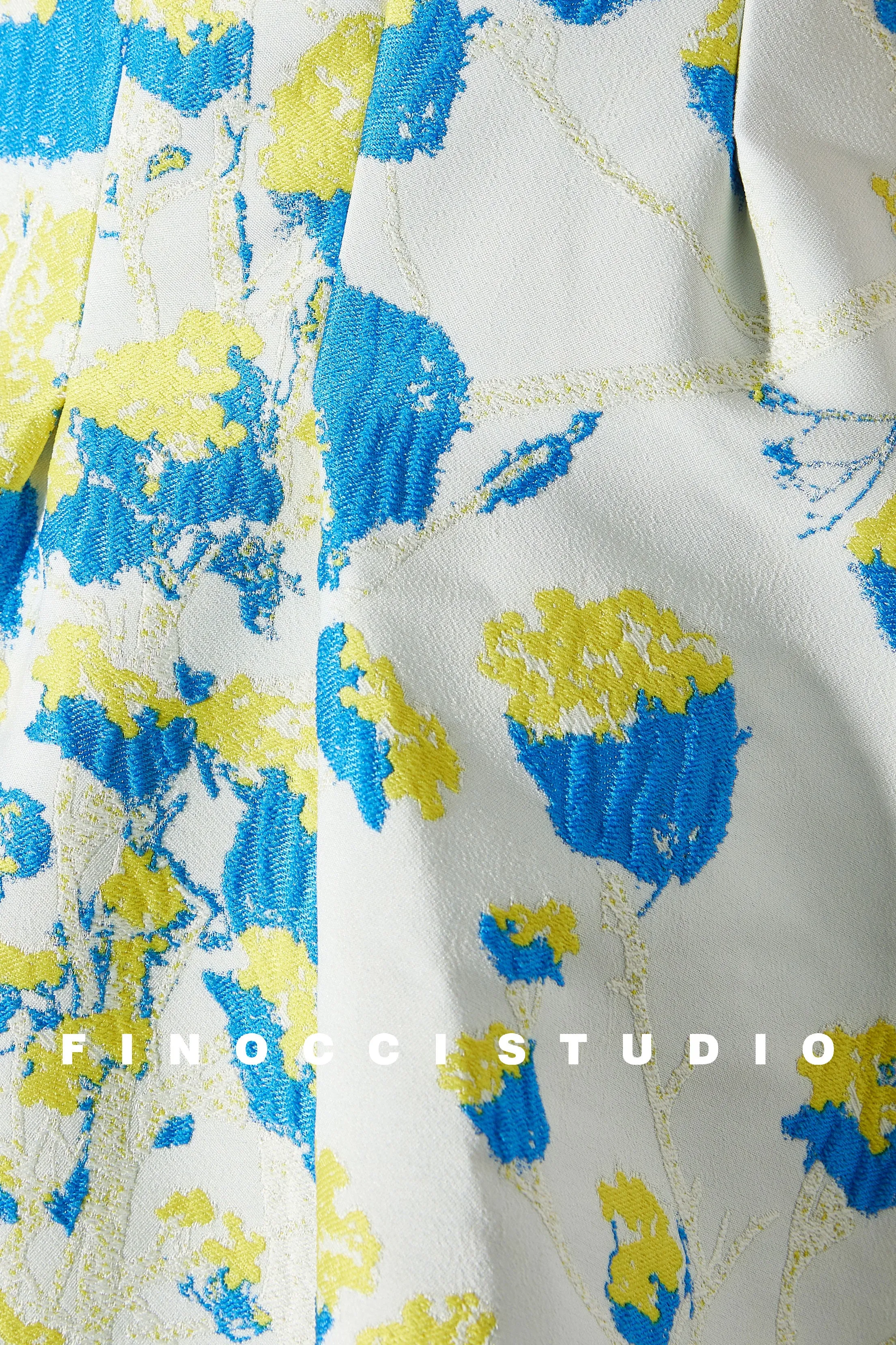 French yellow blue printed jacquard  puffy dress- Nicco