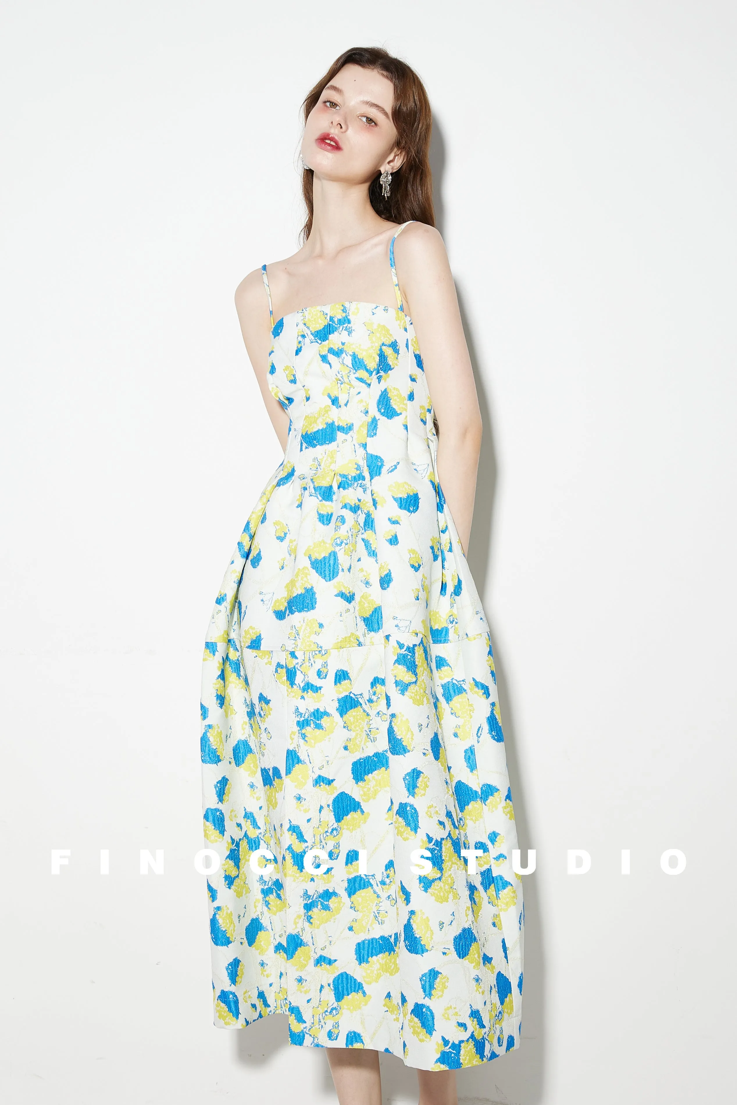 French yellow blue printed jacquard  puffy dress- Nicco