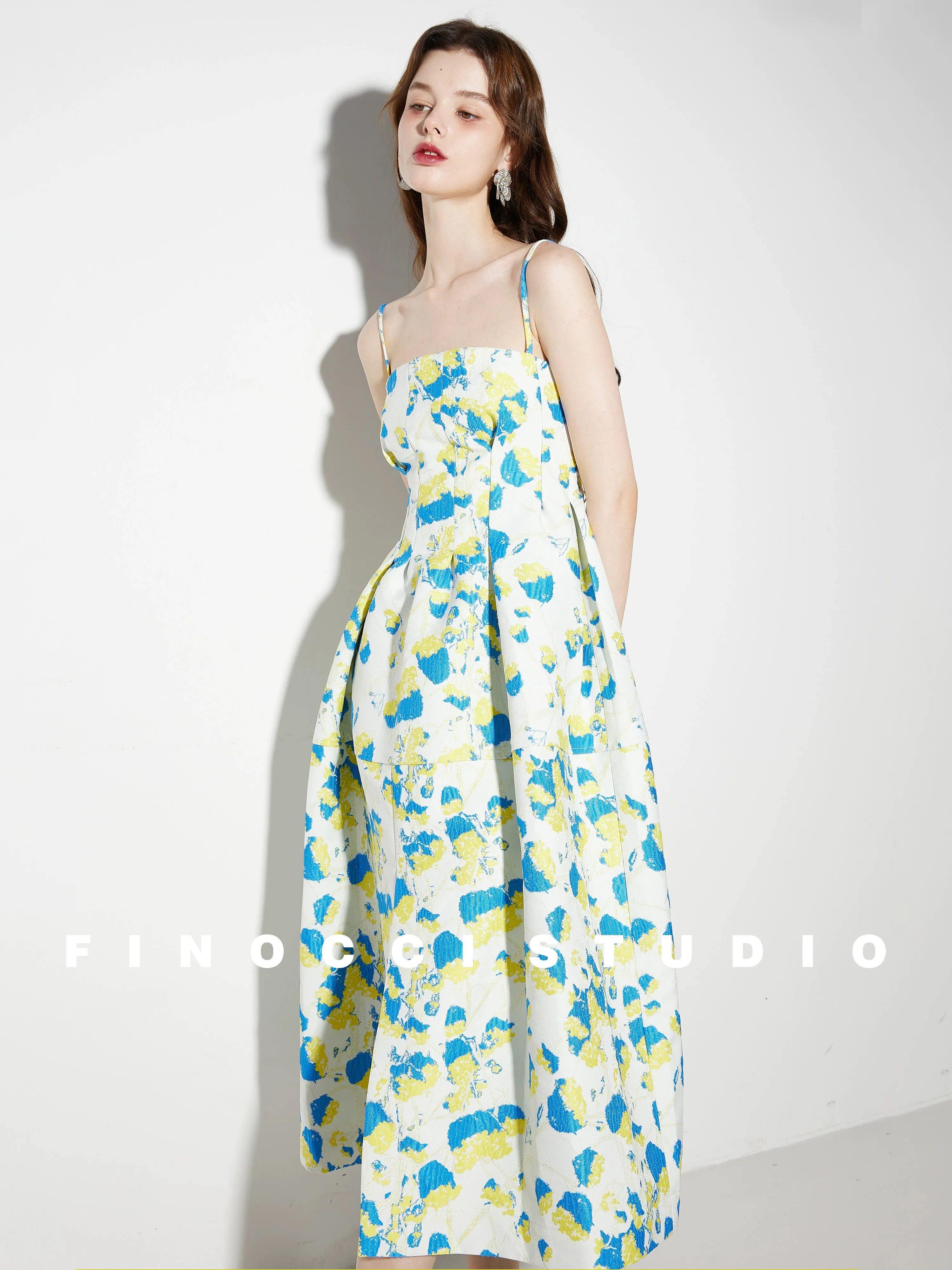 French yellow blue printed jacquard  puffy dress- Nicco