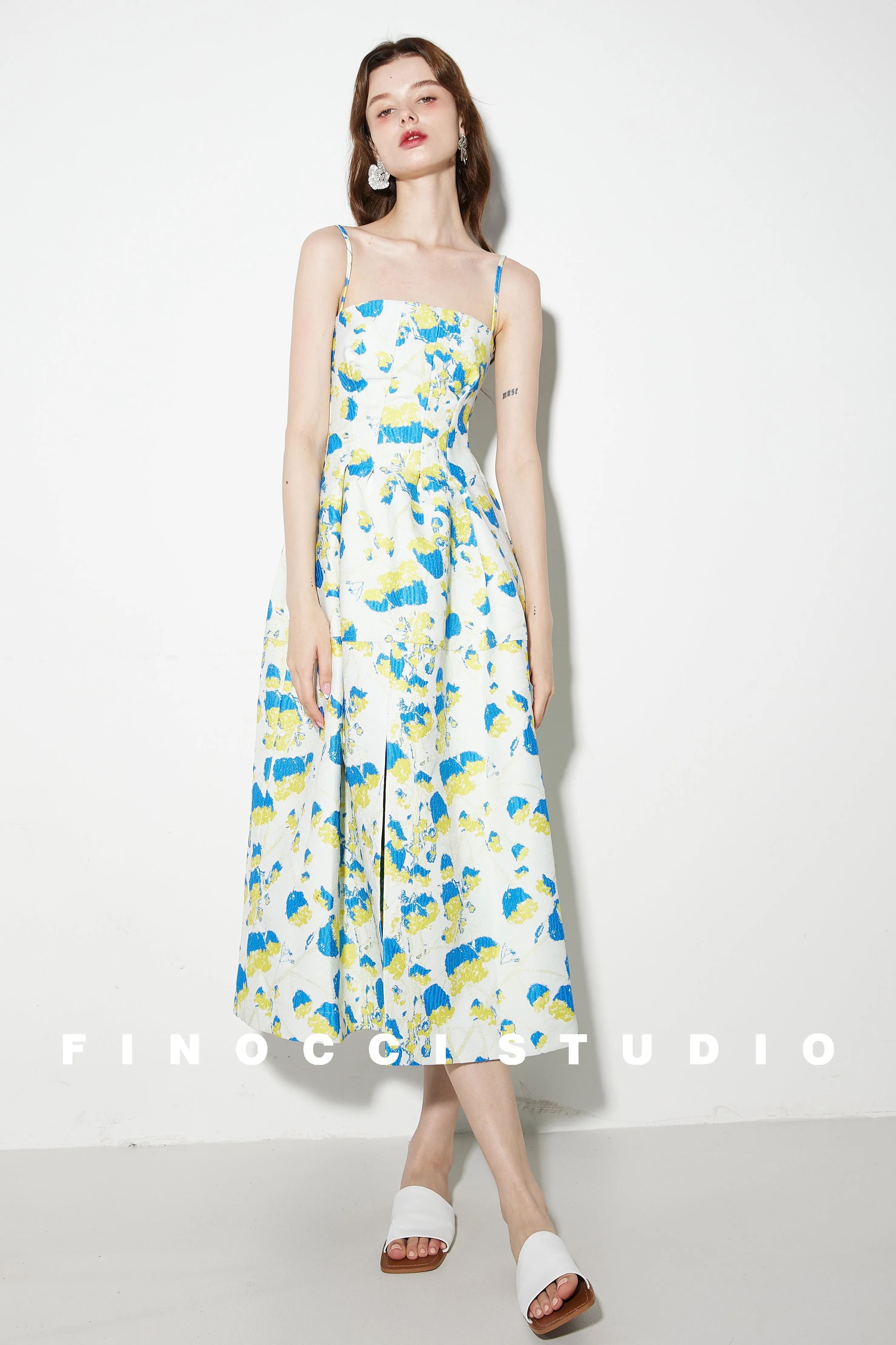 French yellow blue printed jacquard  puffy dress- Nicco