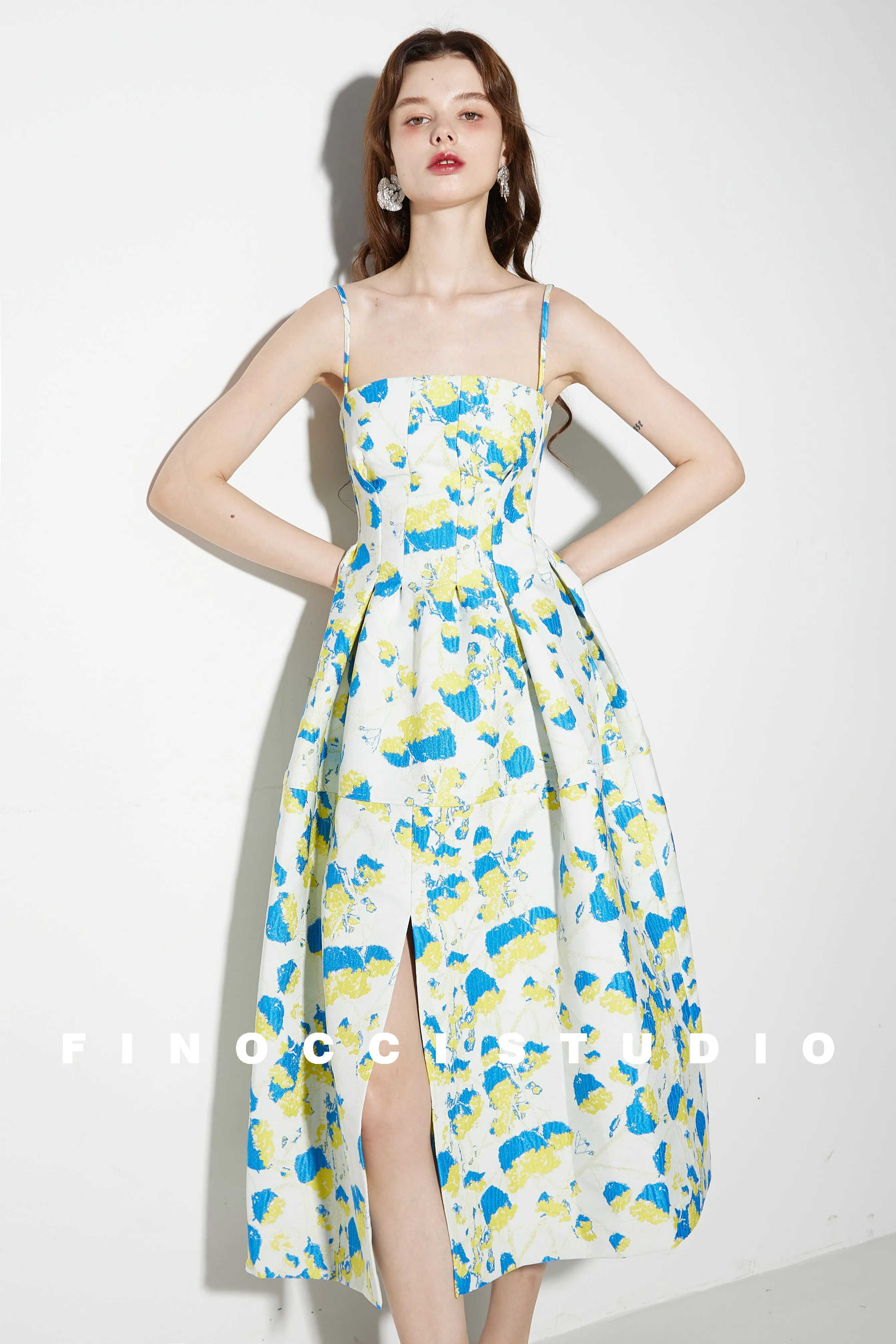 French yellow blue printed jacquard  puffy dress- Nicco