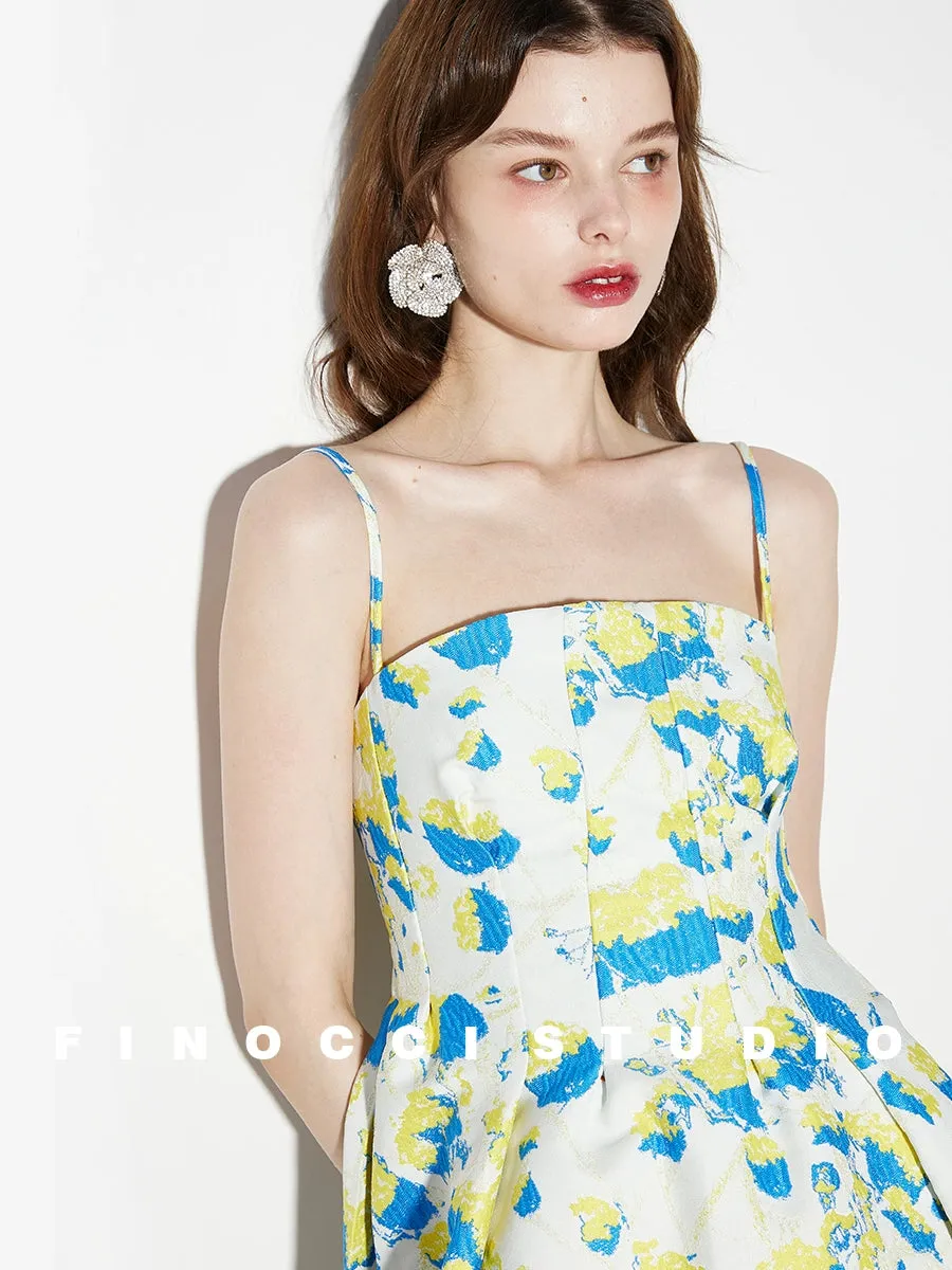 French yellow blue printed jacquard  puffy dress- Nicco