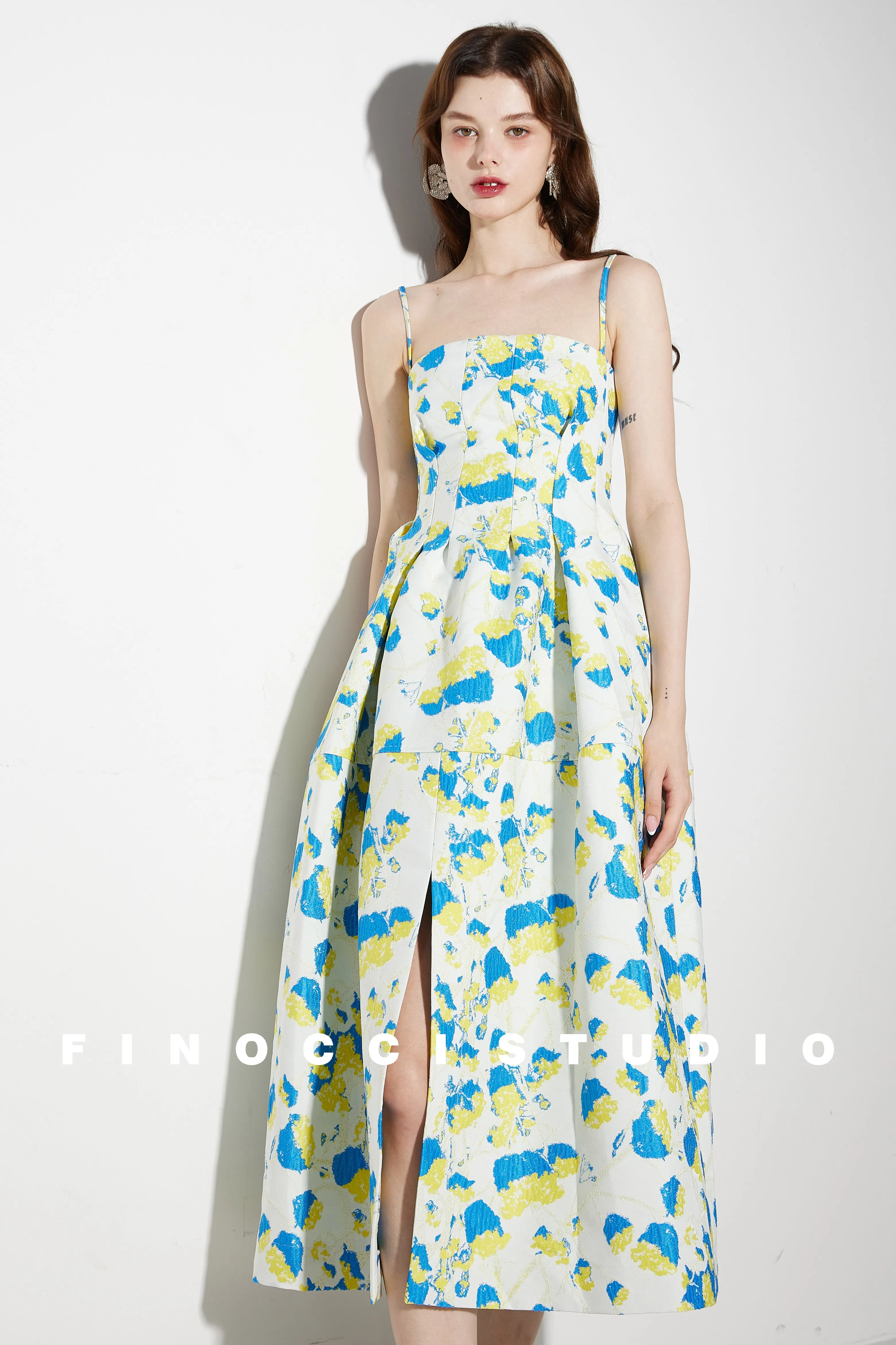 French yellow blue printed jacquard  puffy dress- Nicco