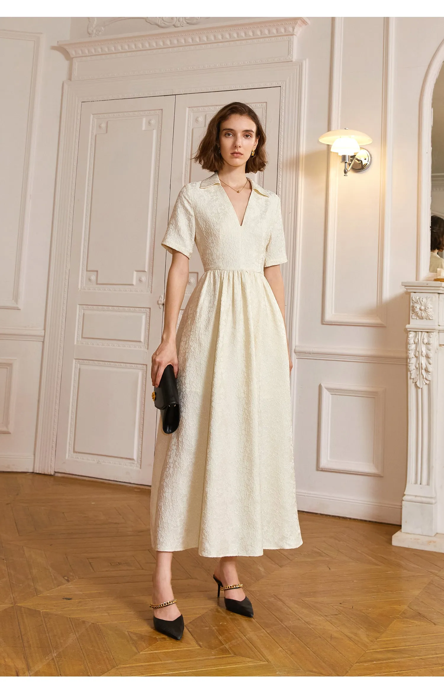 Jacquard V-neck design and a high-waist long skirt short-sleeved dress- Luz