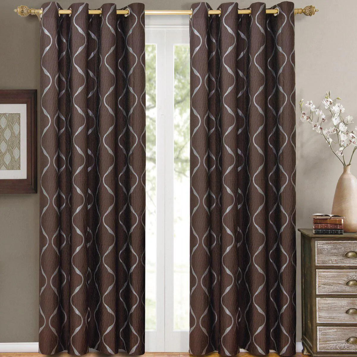 Laguna Contemporary Swirl Jacquard Curtain Panels With Top Grommets (Pair)