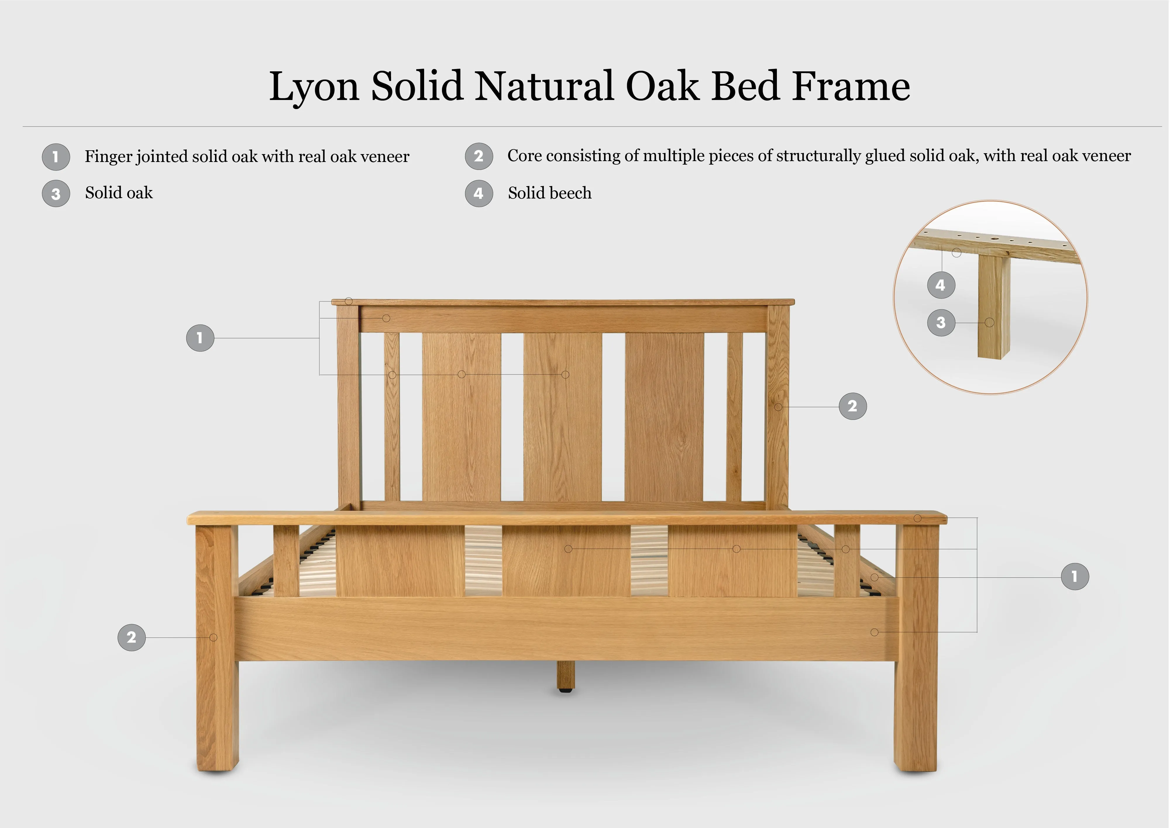 Lyon Solid Natural Oak Bed Frame - 4ft6 Double