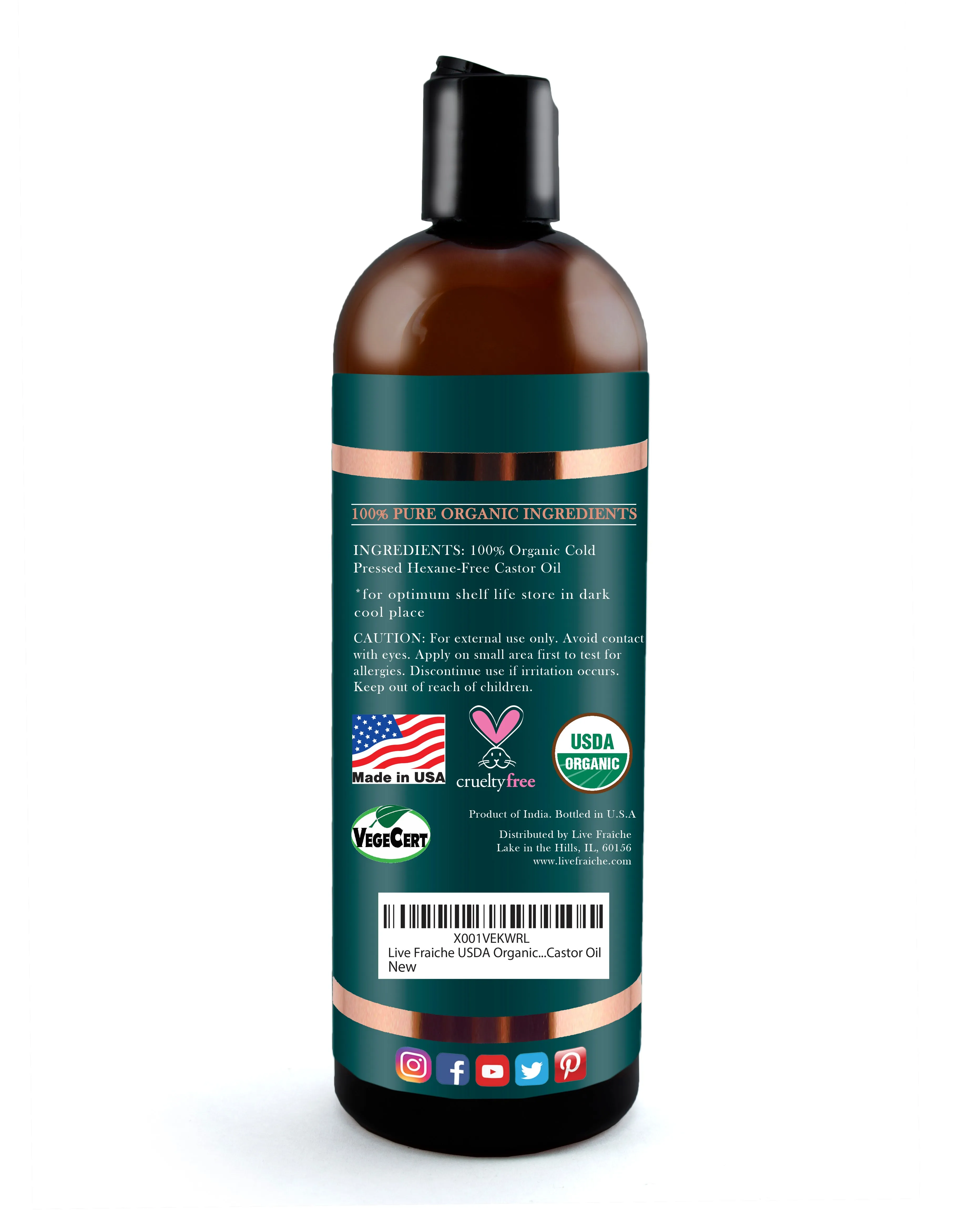 Organic Cold Pressed Castor Oil for Hair, Skin & Nails (16 oz)