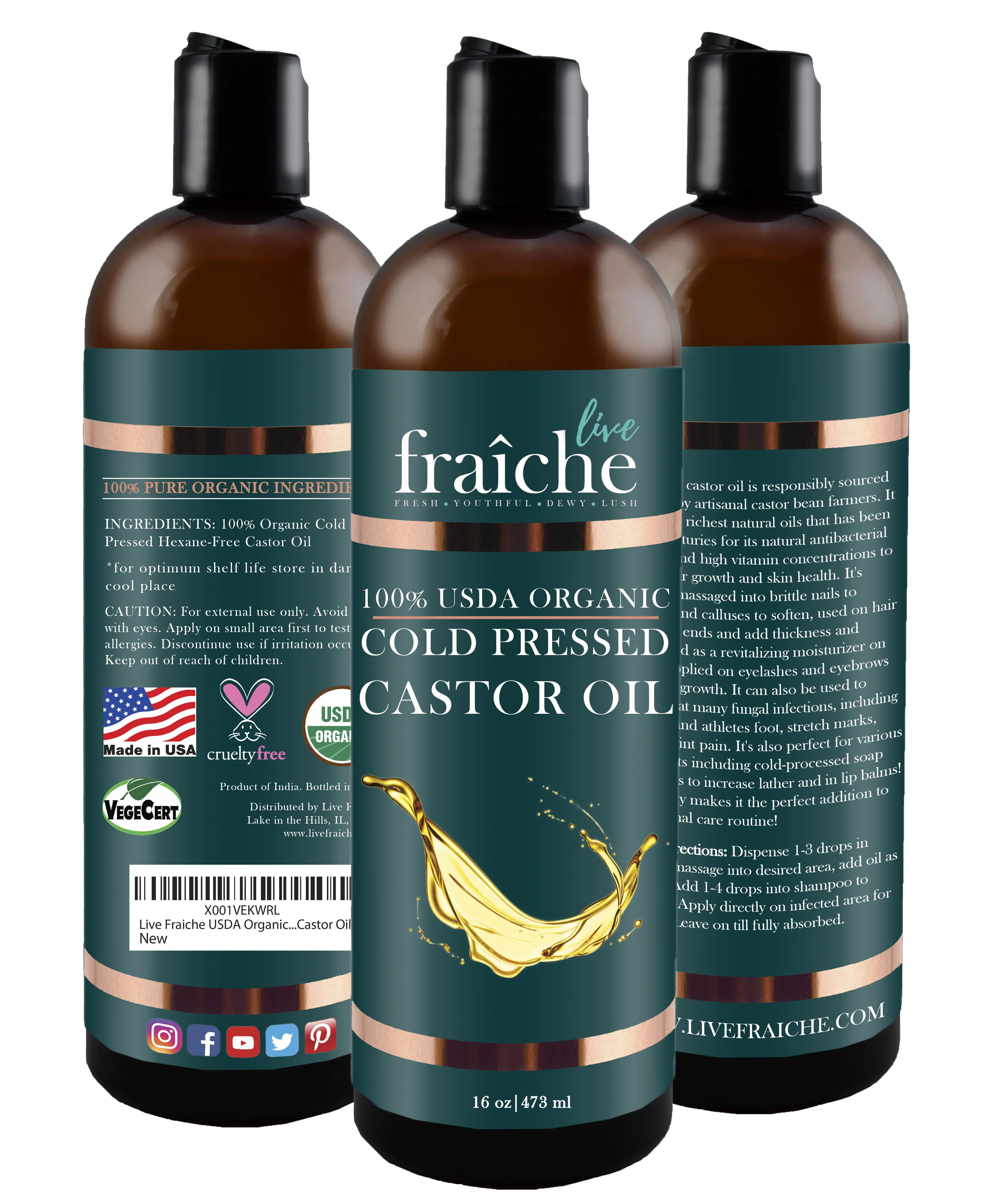 Organic Cold Pressed Castor Oil for Hair, Skin & Nails (16 oz)