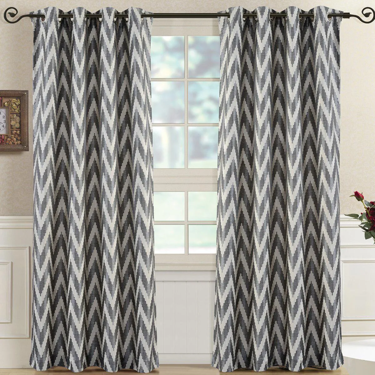 Pair (Set of 2) Lisette Chevron Top Grommet Window Curtain Panels, 108 Inches Total Width