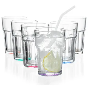 Red Co. Set of 6 Tall Clear Glass 12 Oz Drinking Tumblers with Multicolored Base