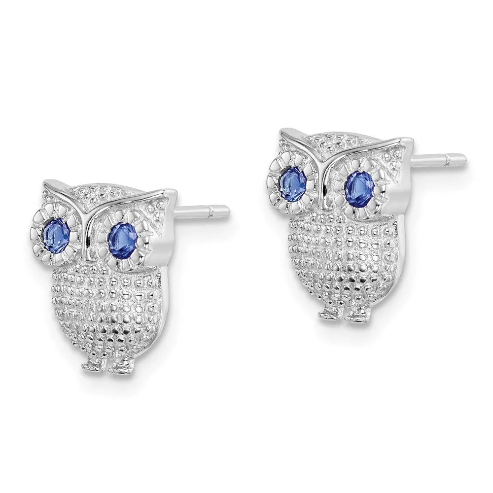 Rhodium-plated Silver Blue Synthetic Sapphire Owl Post Earrings