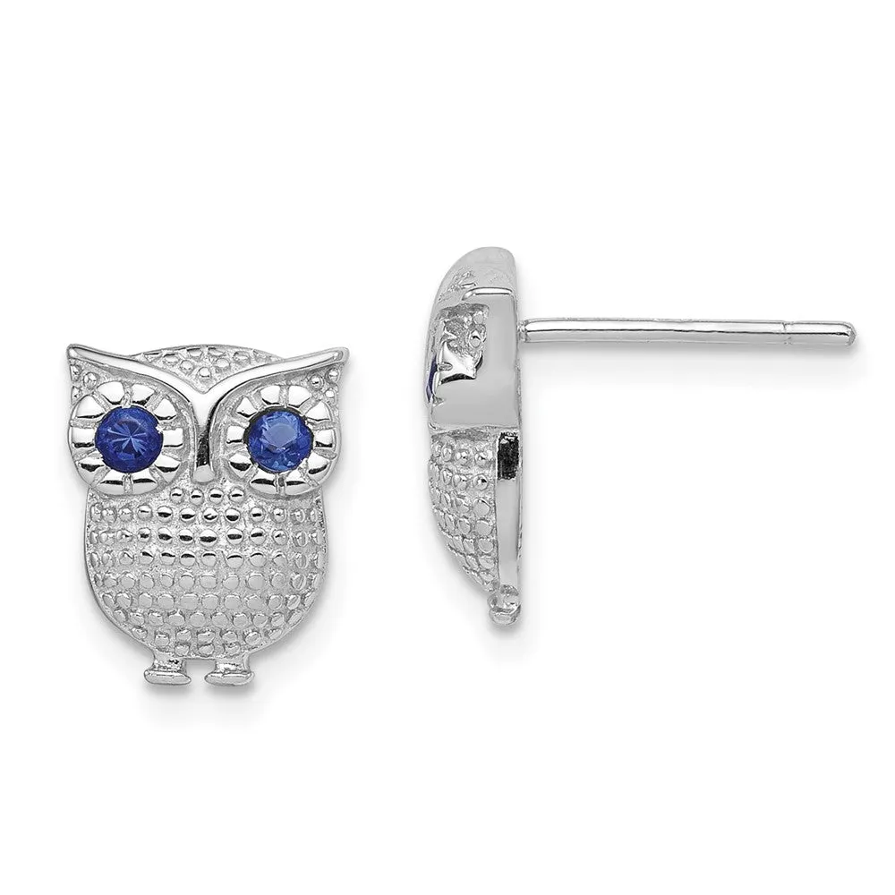 Rhodium-plated Silver Blue Synthetic Sapphire Owl Post Earrings