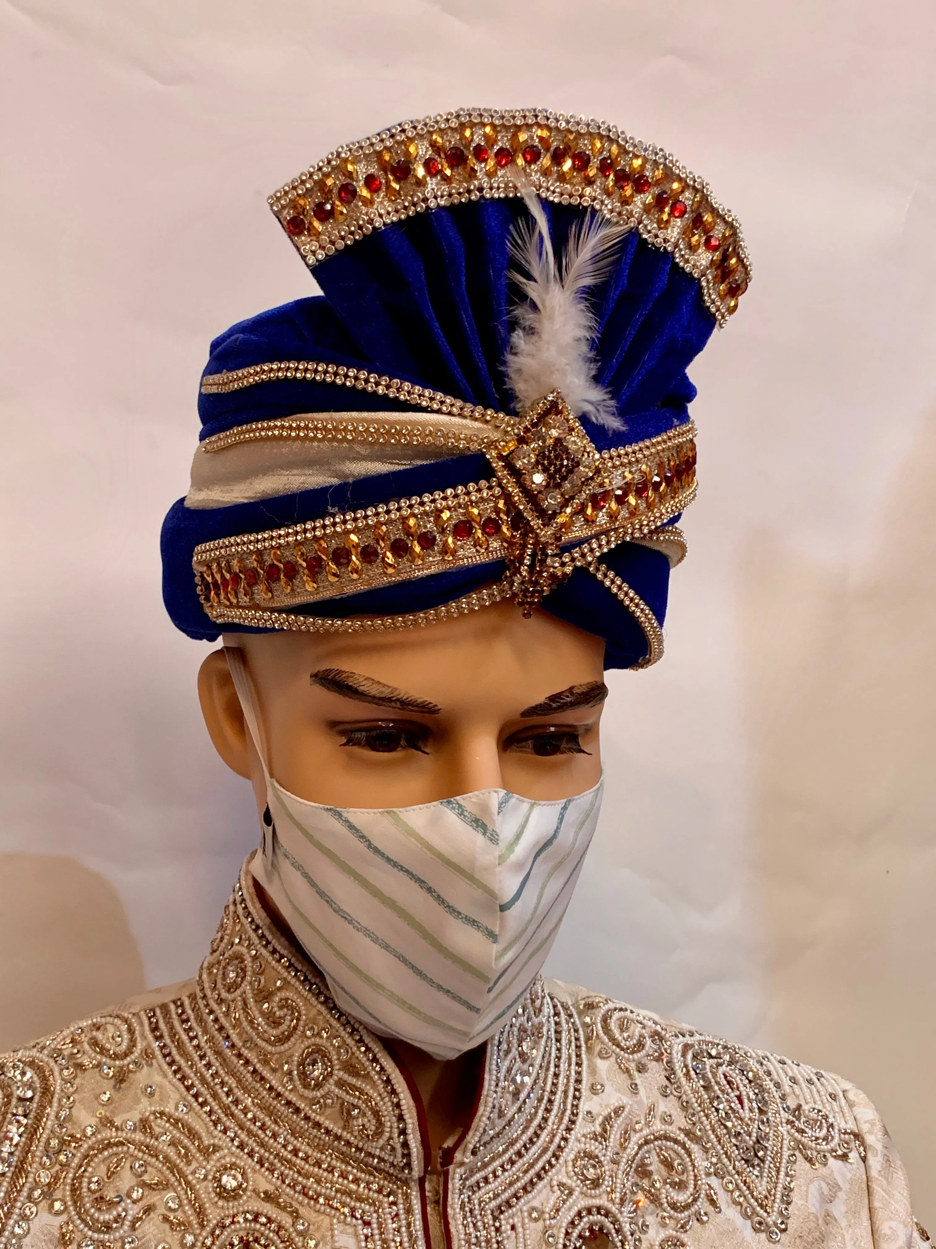 Unisex Designer White With Green & Blue Striped Cotton Cloth Face Masks