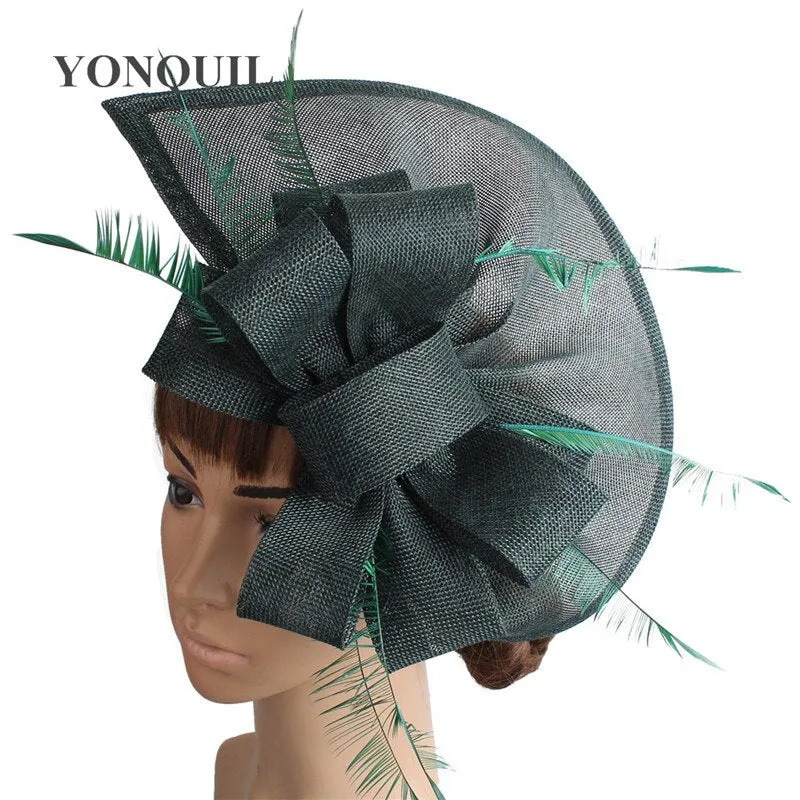 Vintage Big Derby Women Green Fascinators Hats Elegant Female Event Feather Headwear Race Hair Accessories Millinery Hats SYF66